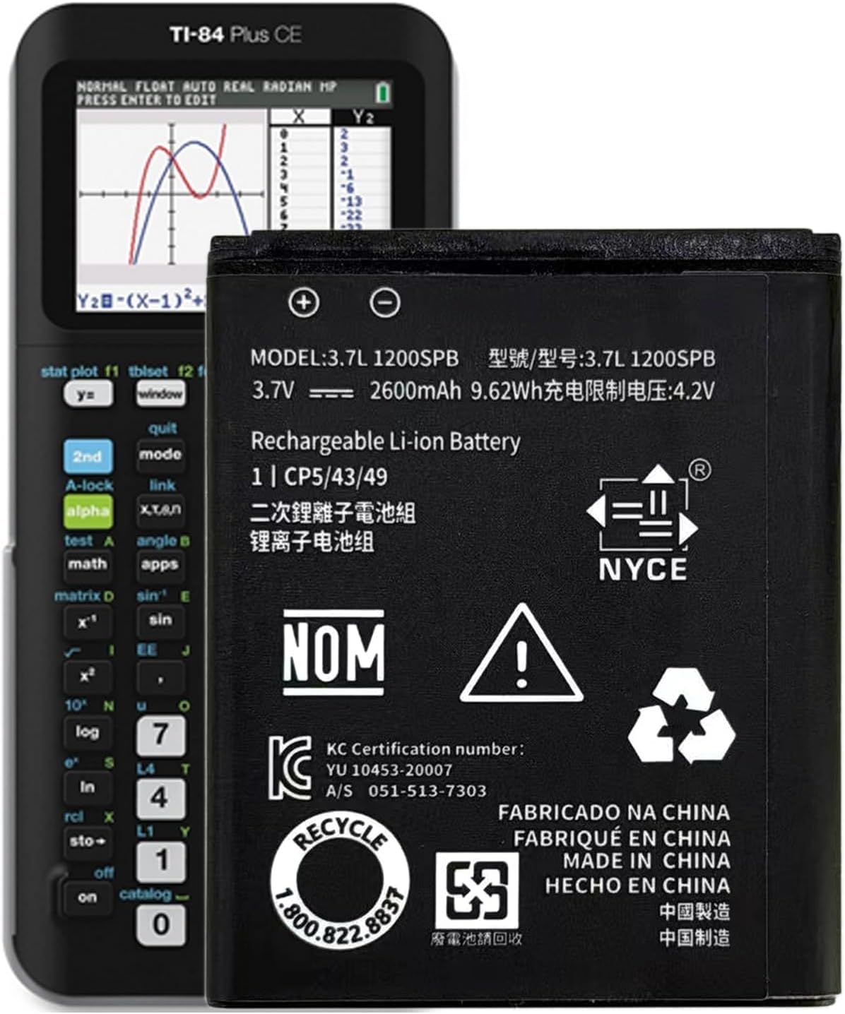 Battery High Capacity 2600 mAh Compatible with Texas Instruments TI-84 CE, TI-84 Plus CE, TI-Nspire CX II Colour, TI-Nspire CX II Cas (Replacement for 3.7L1200SPB)