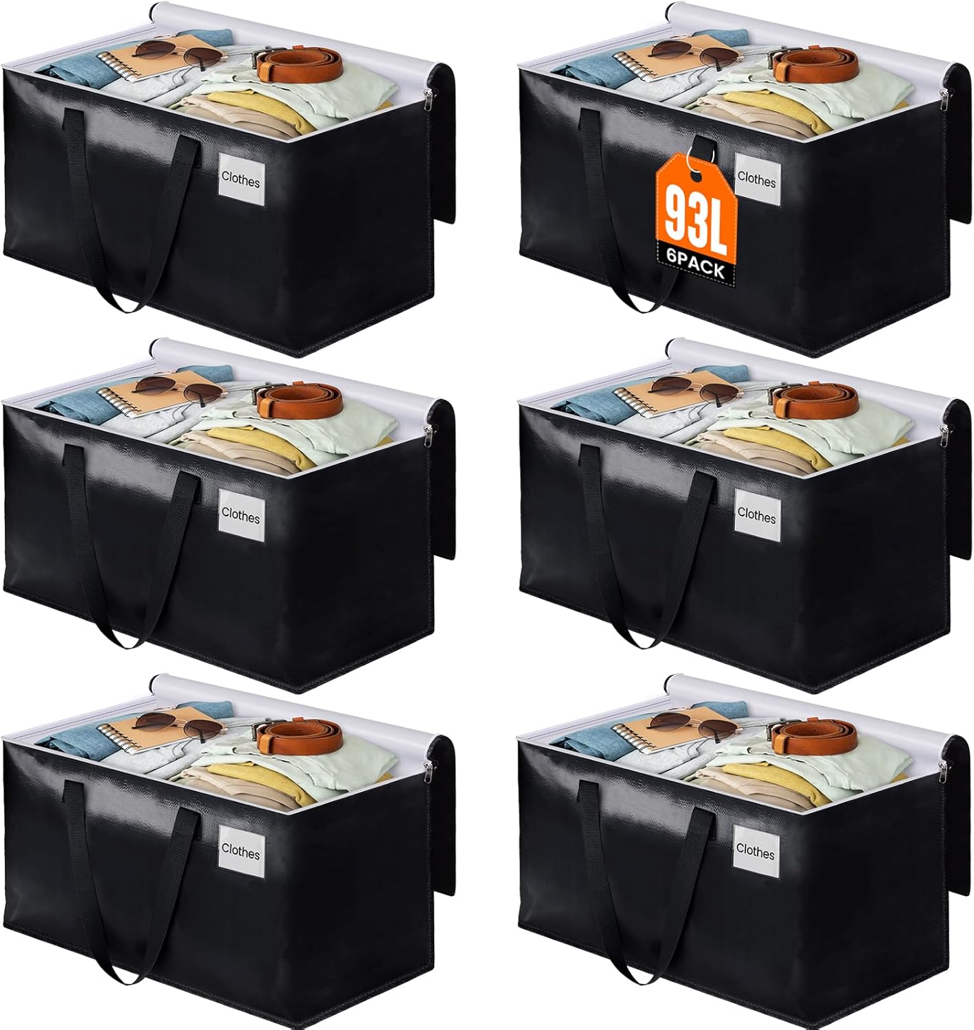 BlissTotes Collapsible Moving Bags - Heavy Duty Boxes with Zippers and Handles, Space Saving Packing Totes for Moving Supplies Storage (93L, 6-Pack, Black)
