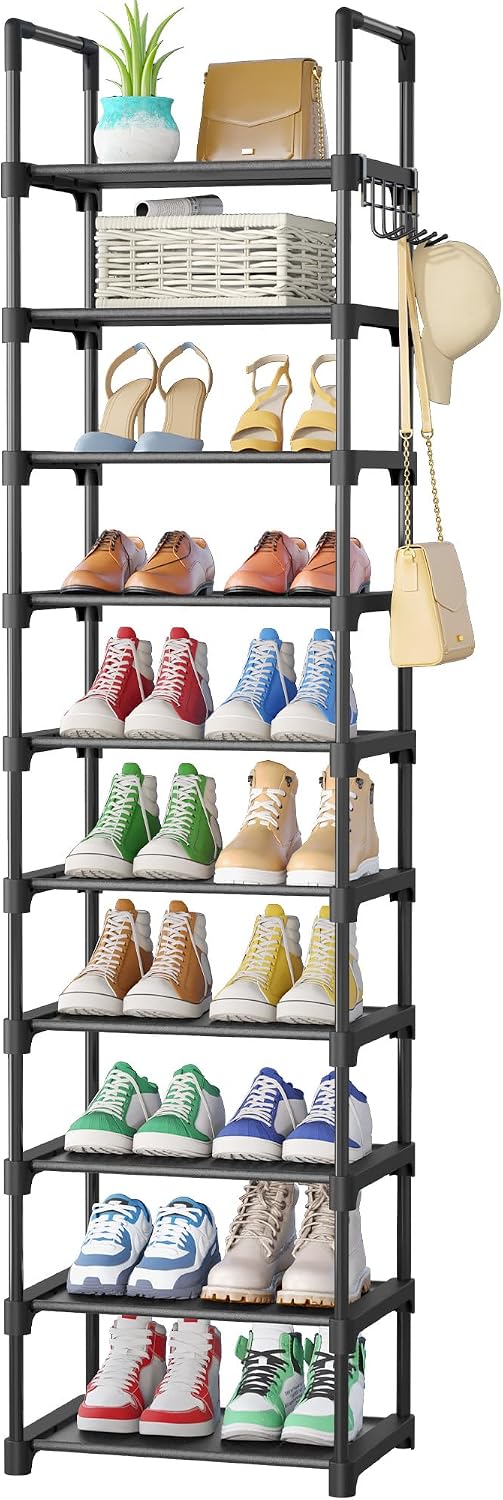 Kitsure Shoe Rack - 10-Tier Shoe Storage with Detachable Fabric Shelves & Metal Frame, Tall Shoes Rack for Closet, Entrance, Living Room, 174.0cm x 43.0cm x 30.0cm, Black
