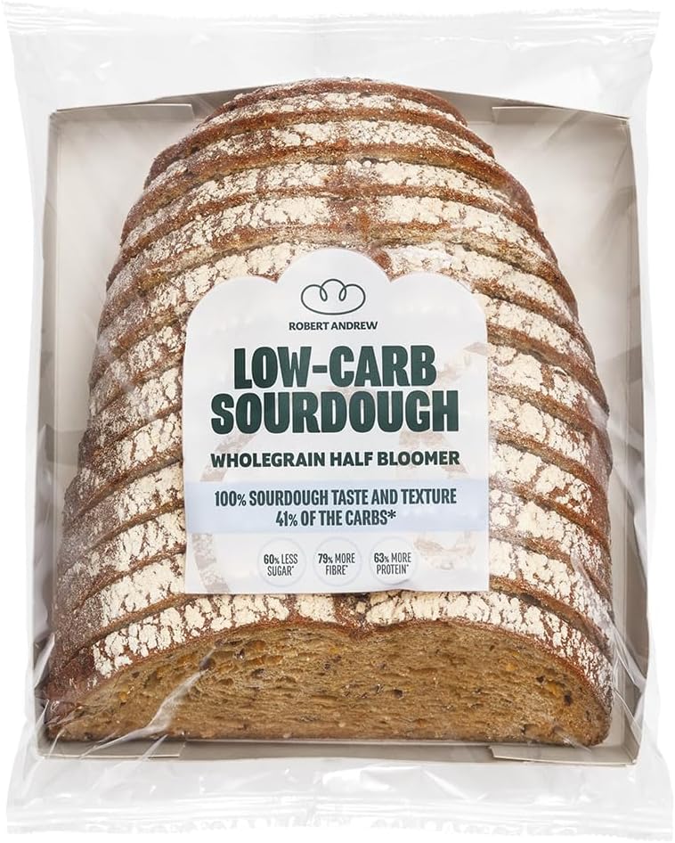 ROBERT ANDREW Low-Carb Sourdough Wholegrain Bread, 5.6g Carbs 7g Protein 88 Kcal, Sliced Half Bloomer, Freshly Baked Bread, Freezer Friendly, 400g