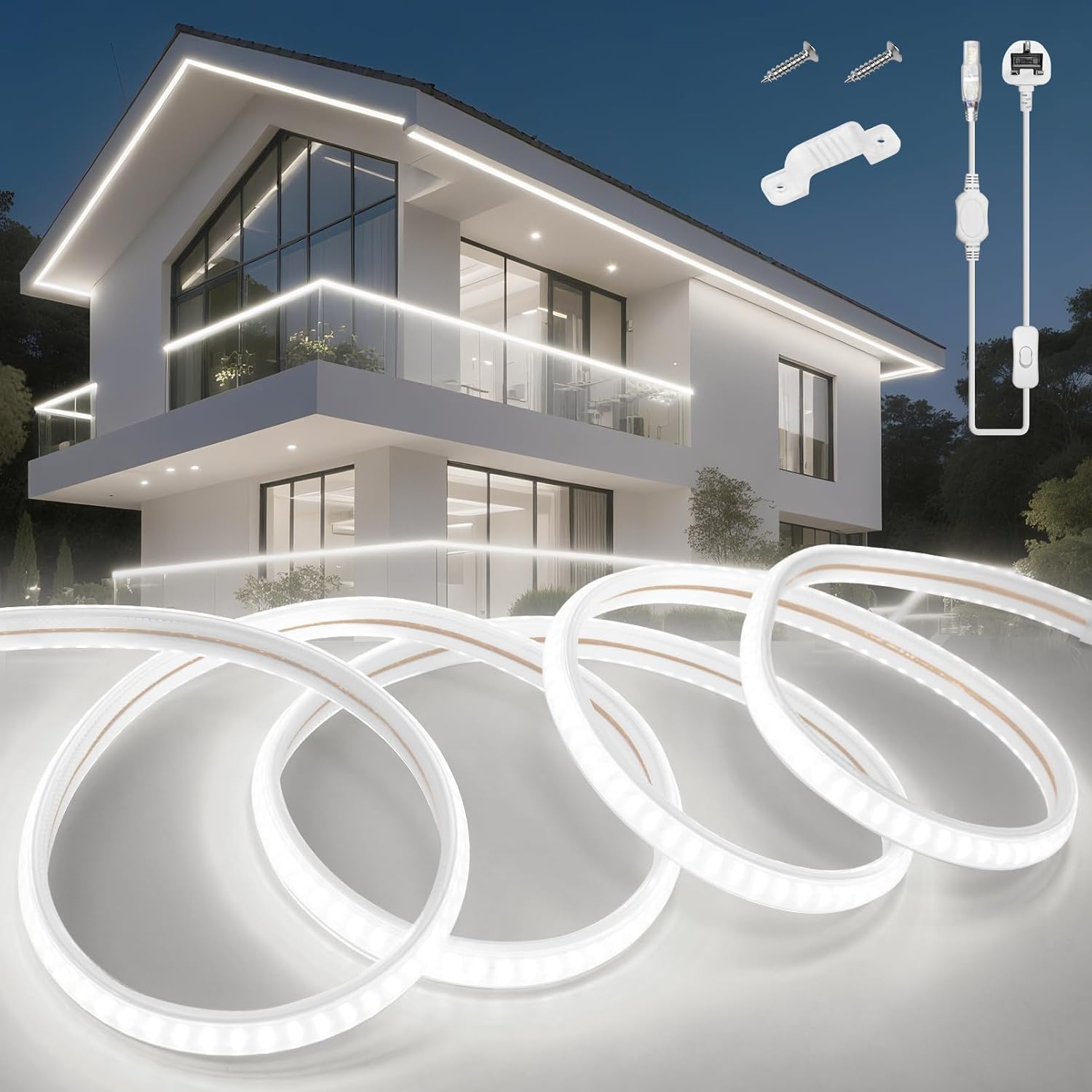 KSIBNW LED Strip Light 20M Waterproof Outdoor Garden, 220V 240V Neon Outside LED Light Strips Cuttable Rope Lights Flexible Neon Rope for Kitchen Cupboard Decking Outdoor Indoor Decor, Cool White