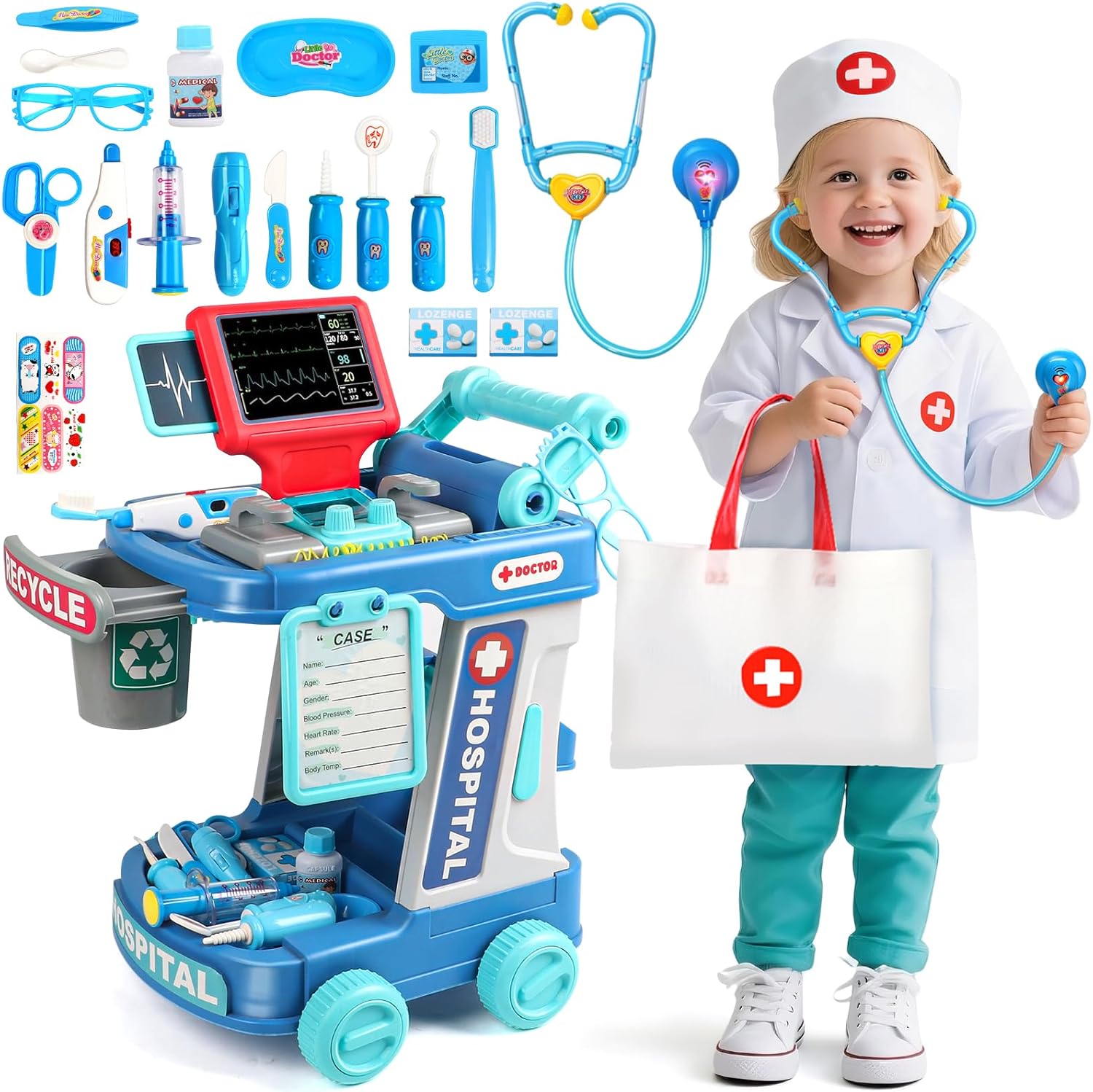 Doctor Kit for Toddlers 3-5 Toddler Doctor Play Set for 2 3 4 5 Year Old Girls Dress Up Toys with Cart and Costume Stethoscope Dentist Vet Kids Pretend Play Girls Toys Birthday Gifts
