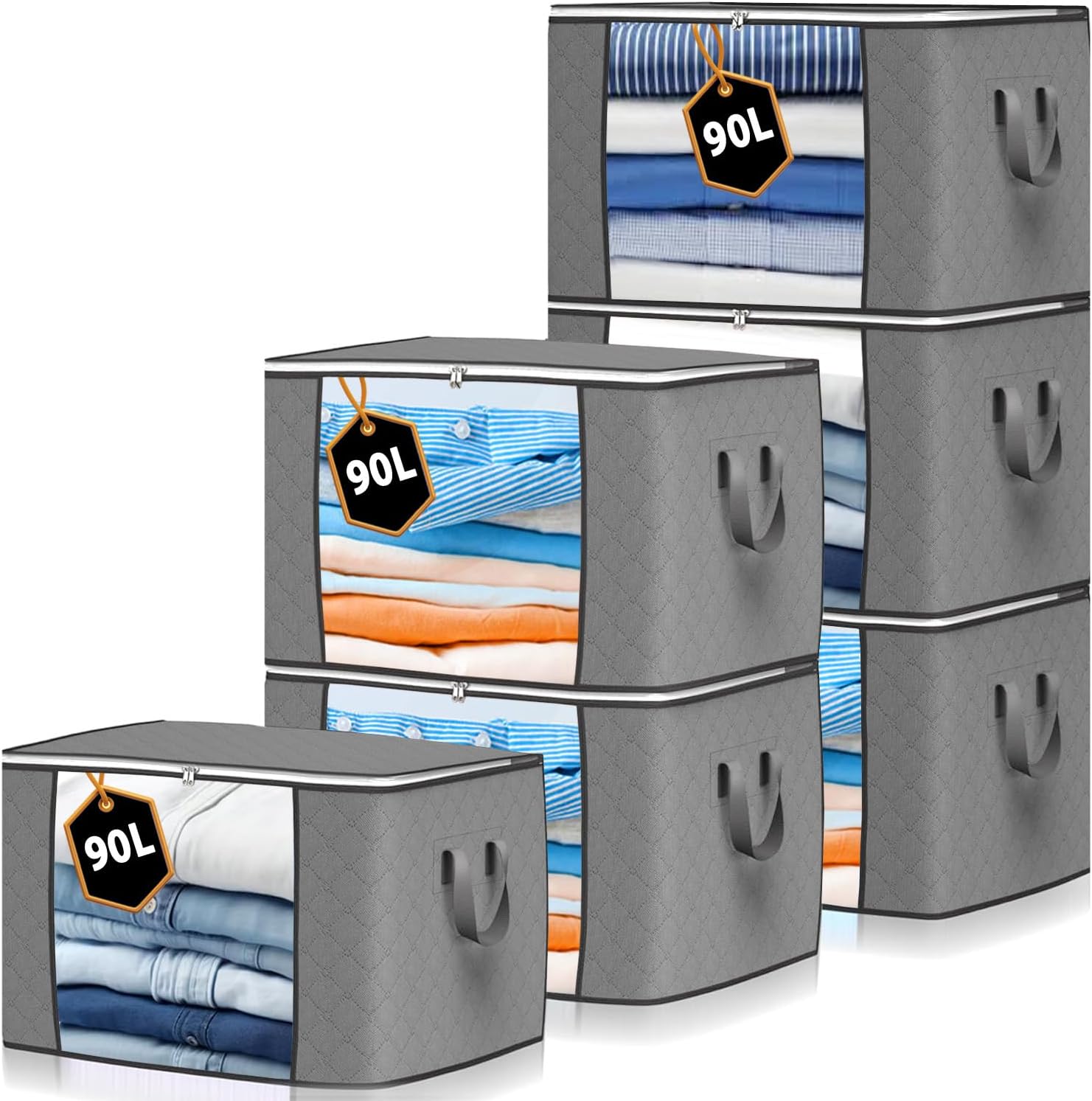 KURNI Storage Bags Clothes Organizer 6 Pack Grey, Large Moving Boxes 90L Capacity, 3 Sided Zipper Storage Box. Dust/Mites Proof 60 x 43 x 35cm