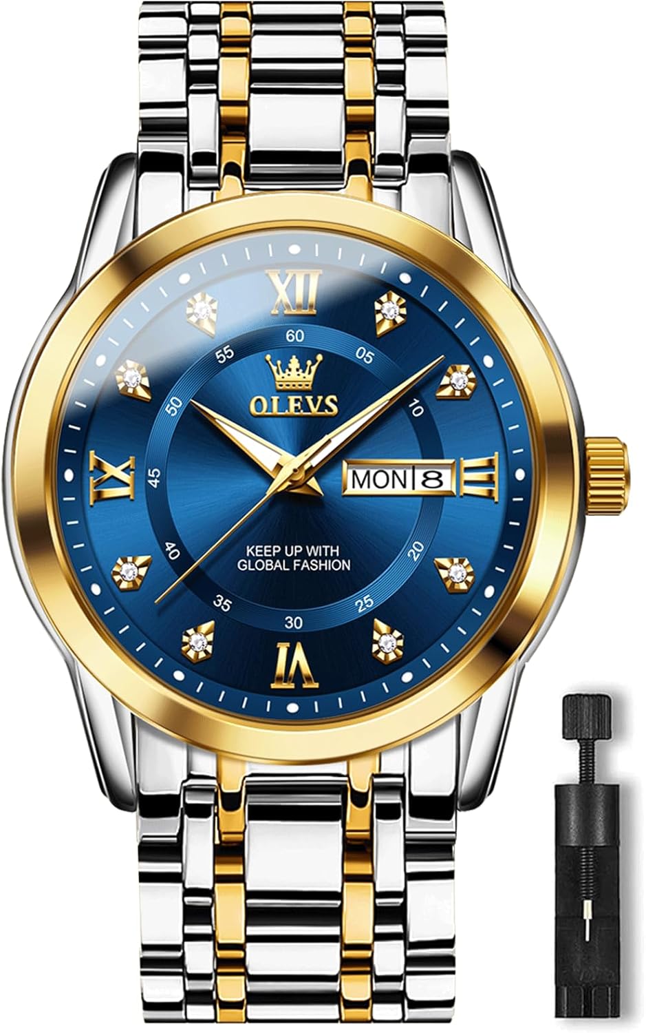 OLEVS Stainless Steel Classic Watches, Large Face Quartz Dress Watches for Men, Easy to Read Men's Waterproof Watch with Day and Date, Blue/Black/Silver/Gold/Grey Dial