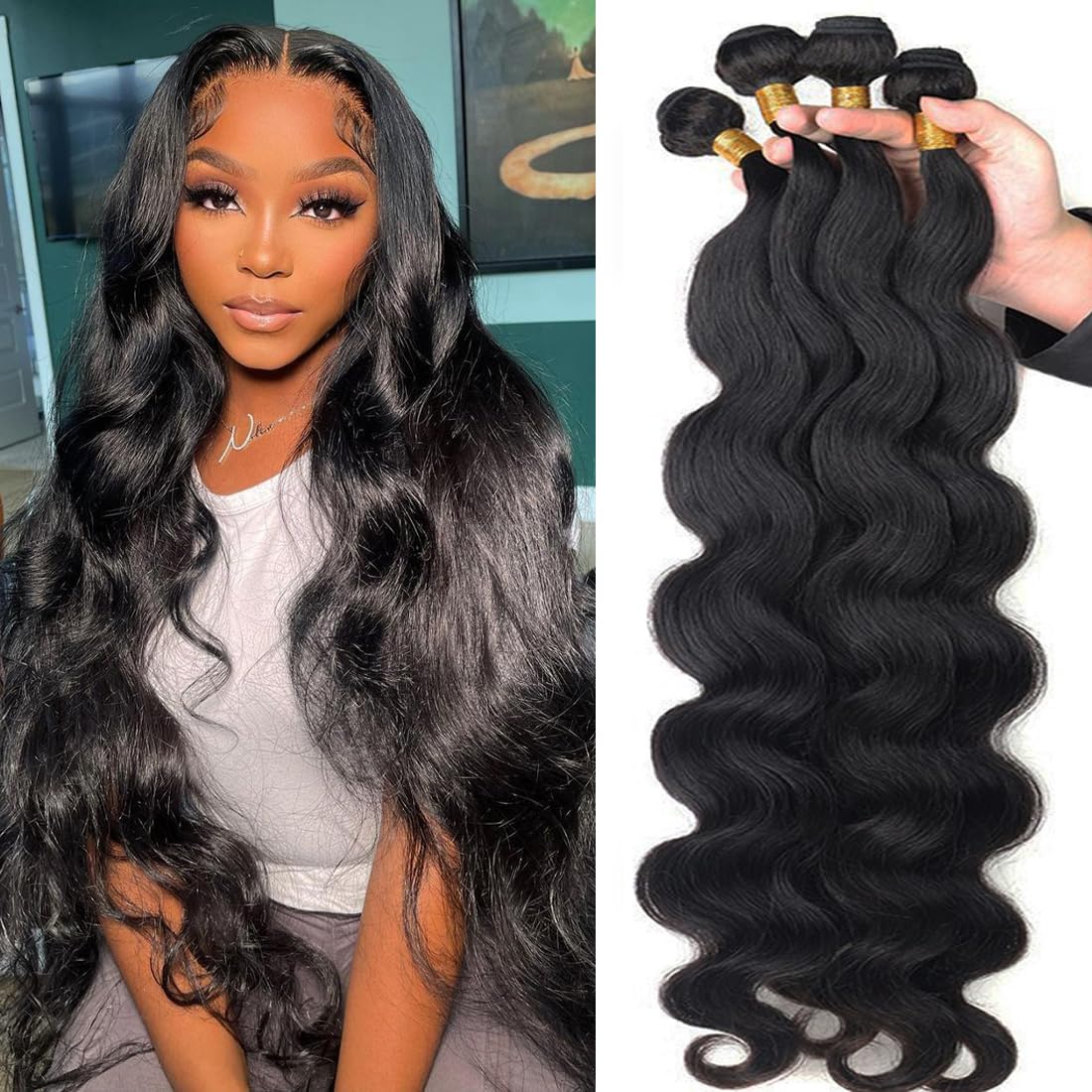 Human Hair Body Wave Bundles 100% Unprocessed Brazilian Virgin Hair(20 22 24 26 Inch)4 Bundles Human Hair 12A Grade Body Wave Bundles for Black Women Natural Color