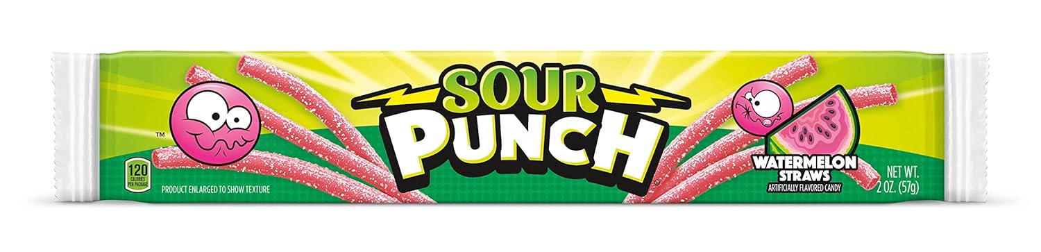 Sour Punch Straws, Watermelon Fruit Flavor, 2oz Tray (24 Pack), Soft & Chewy Candy