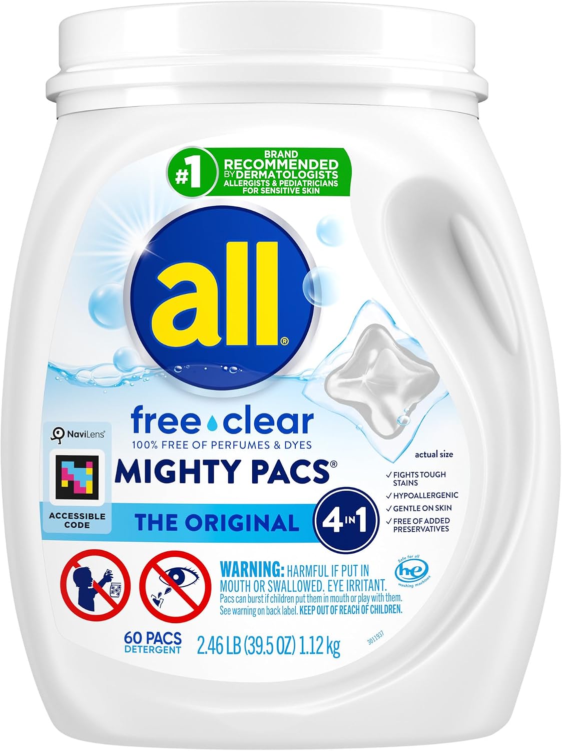 all Unit Dose Laundry Detergent, Mighty Pacs, Free Clear, 60 Count | Hypoallergenic formula, dye-free, dermatologist recommended, unscented, concentrated cleaning power