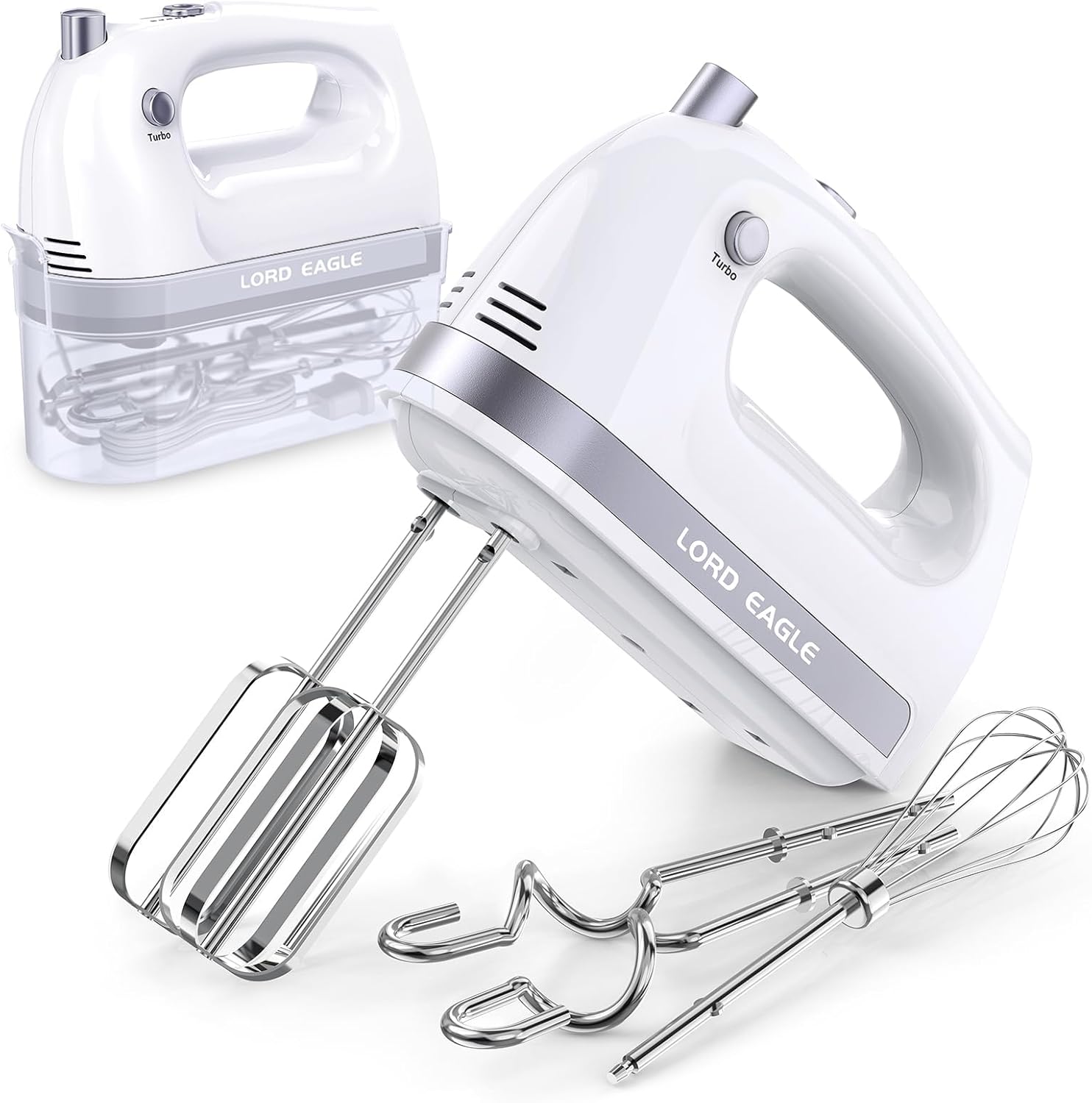 Lord Eagle Hand Mixer Electric Whisk, 400W Power Handheld Mixer for Baking Cake Egg Cream Food Beater, Turbo Boost/Self-Control Speed + 5 Speed + Eject Button + 5 Accessories