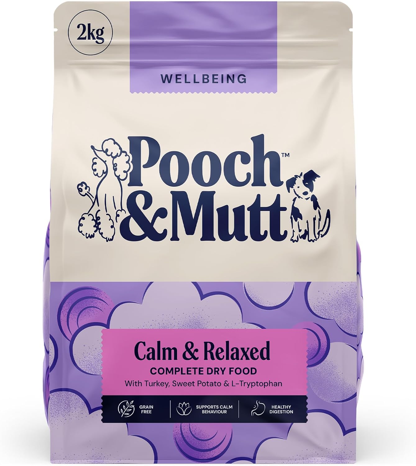 Pooch & Mutt - Calm & Relaxed Complete Dry Dog Food Grain Free (Regular Sized Kibble), for Calming Hyperactive or Anxious Dogs, Turkey and Sweet Potato, 2kg (packaging may vary)