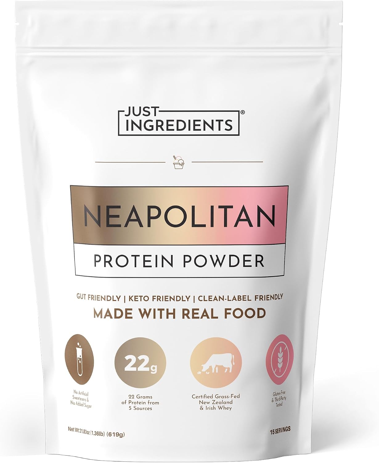 JUST INGREDIENTS Neapolitan Protein Powder - Grass-Fed Whey - 15 Servings | Grass Fed New Zealand Whey, 5 Source Blend, Casein Free, Monk Fruit Sweetened, No Gums Or Fillers, Keto Friendly, Gluten Free