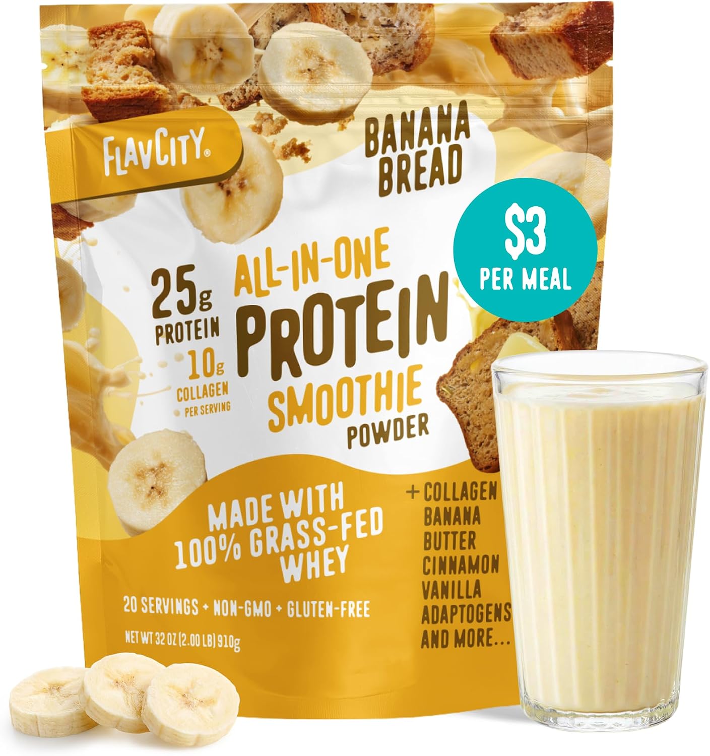 FlavCity All in One Protein Shake Powder, Banana Bread - On the Go Meal Alternative + Collagen Peptides, Reishi & Cordyceps - Focus, Skin, Hair & Joint Support - 100% Grass Fed Whey, 20 Servings