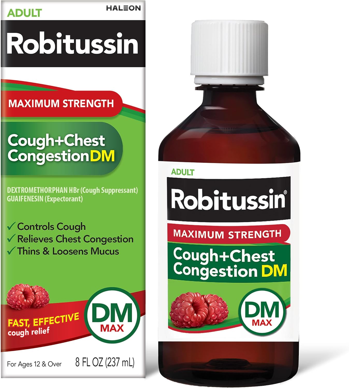 Robitussin DM Maximum Strength Cough Medicine, Raspberry, 8 fl oz | Adult Cough Suppressant and Expectorant, Cough Plus Chest Congestion, Thins and Loosens Mucus, Fast and Effective Relief