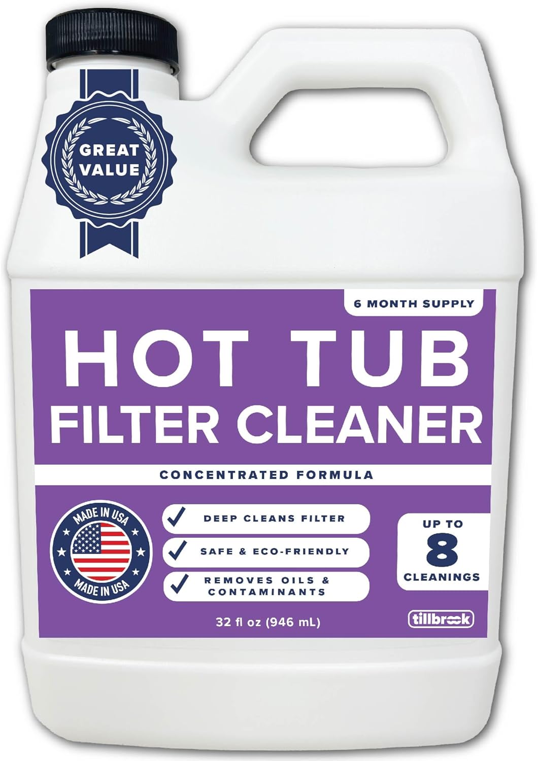 Hot Tub Filter Cleaner - 6 Month Supply - 4 to 8 Uses - 32 oz Spa Filter Cartridge Cleaner - Hot Tub & Pool Filter Cleaner Soaking Solution - No Residue or Foam - Restores Filter - Safe & Non-Toxic