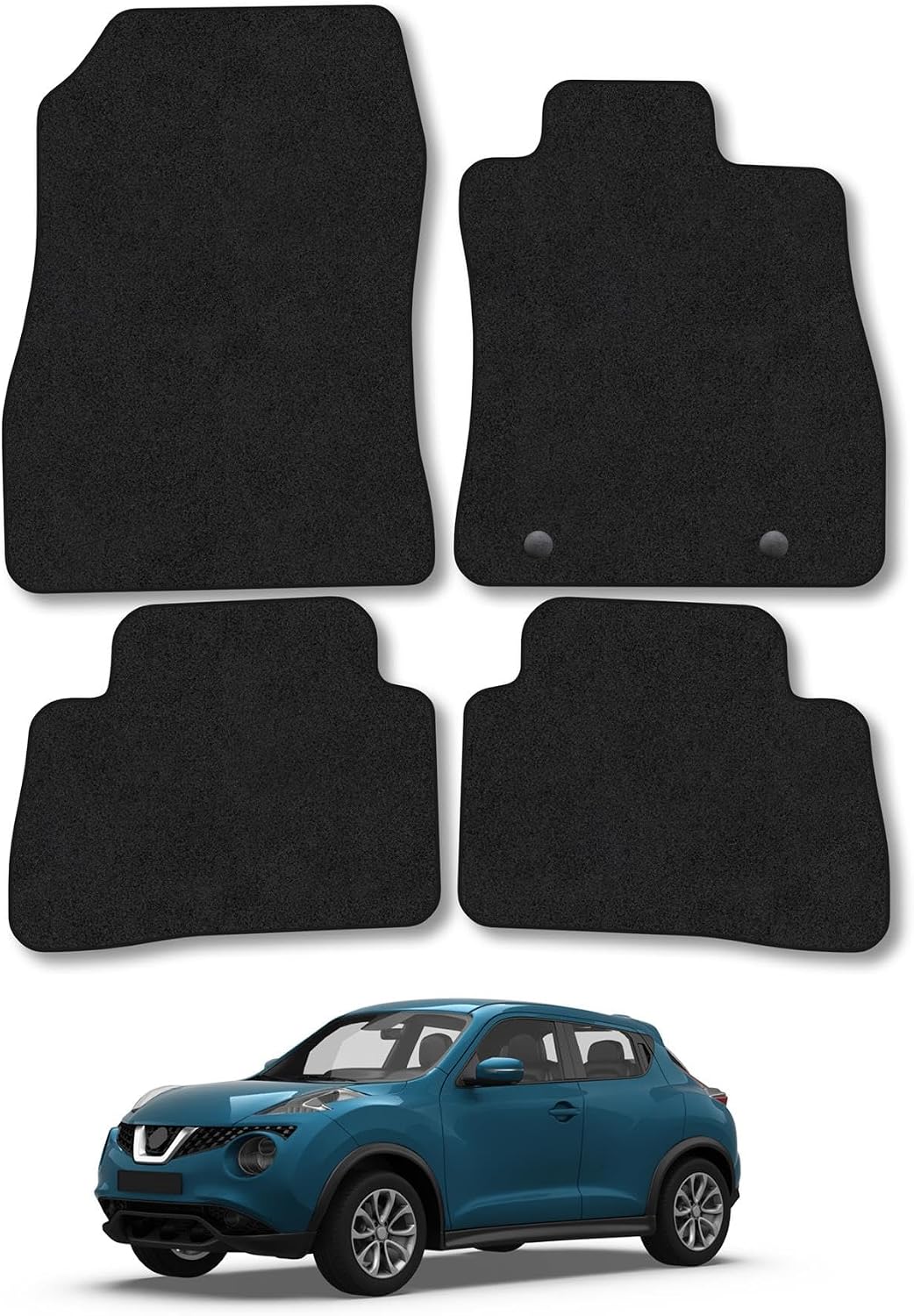 Nissan Juke (2010-2019) Car Mats Accessories Tailored Fit Carpet Floor Mats Non Slip Black Trim Full Coverage Compatible Accessory Front Rear Set Anti Slip Granulated Backing Hand-Finished Clips