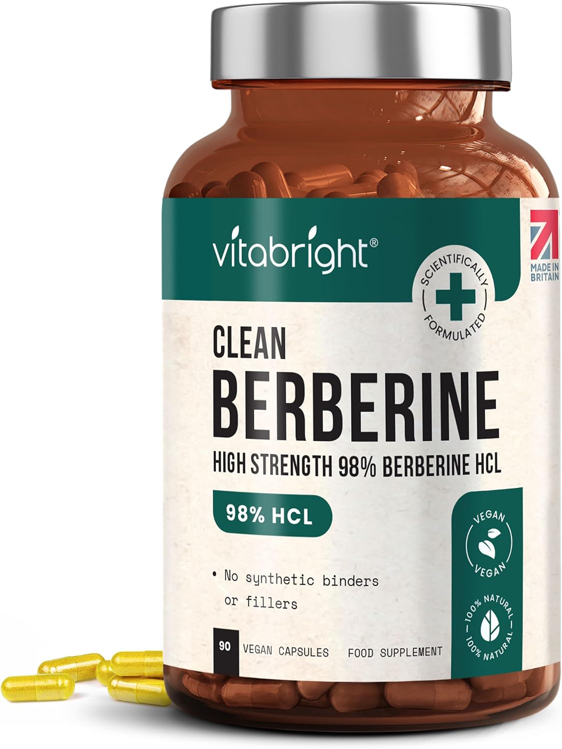 VitaBright Clean Berberine 500mg Capsules | 98% Berberine HCL | 90 Count