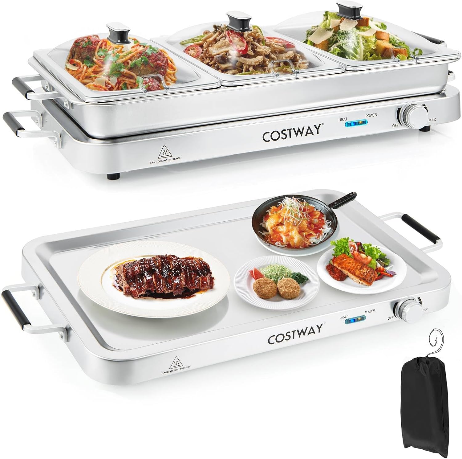 COSTWAY 2 in 1 Electric Buffet Server, 3 x 2.5L Food Warmer with Warming Plate Function, Adjustable Temperature Control, Transparent Lids and Storage Bag, 450W Dual Function Hot Plate Chafing Dish