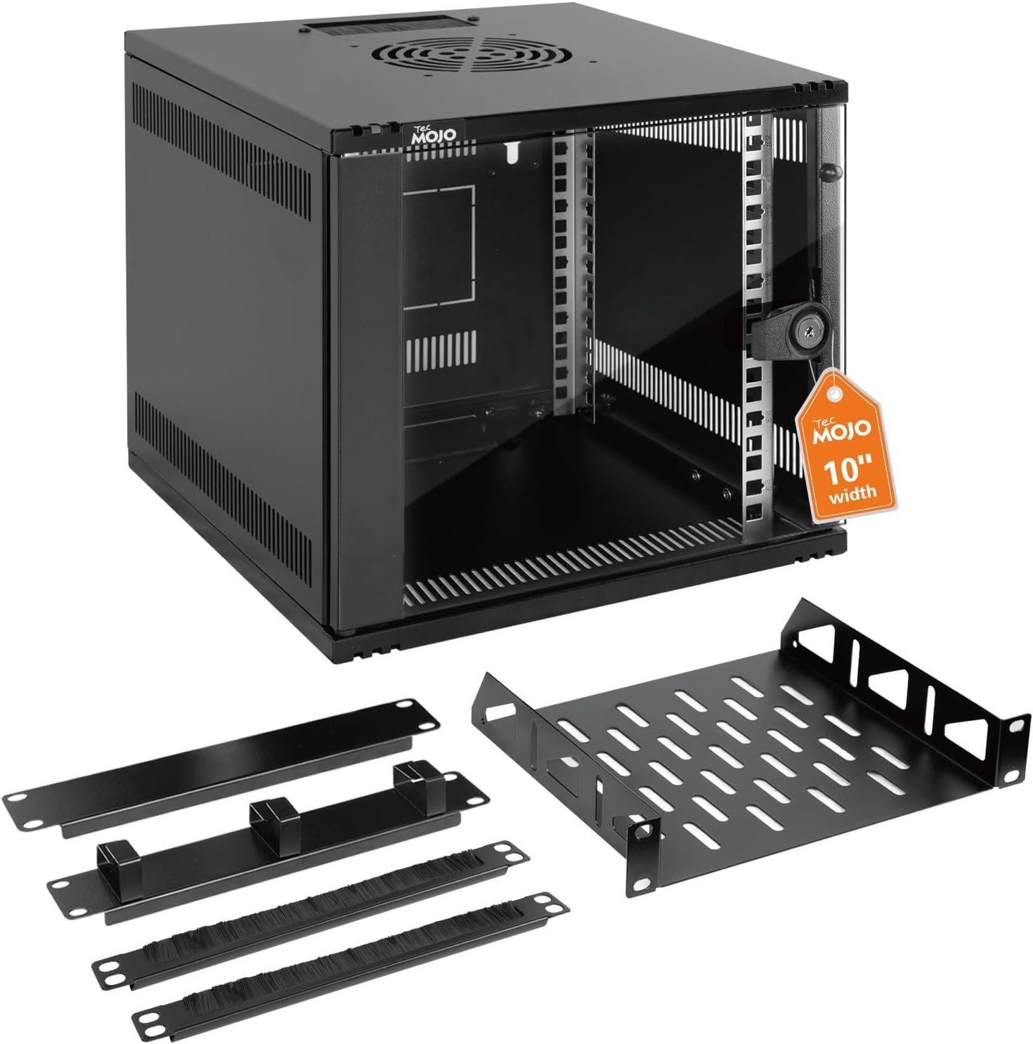 Tecmojo 6U 330mm Depth 10in Wide Wall Mount Data Cabinet, Network Cabinet with Rack Shelf, Brush Panels, Cable Organizer for 10'' AV/IT/Data NAS Devices, 50kg Capacity, Glass Door