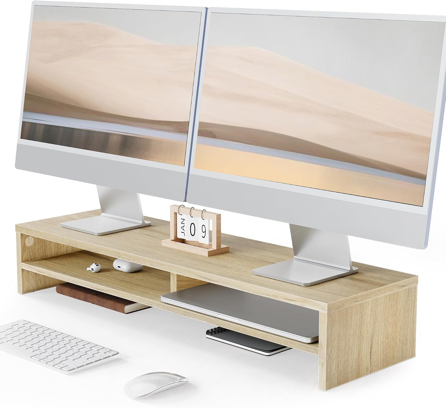 Fenge Monitor Stand, 80cm, for Laptop PC TV, 2 Tiers, Monitor Riser, Oak