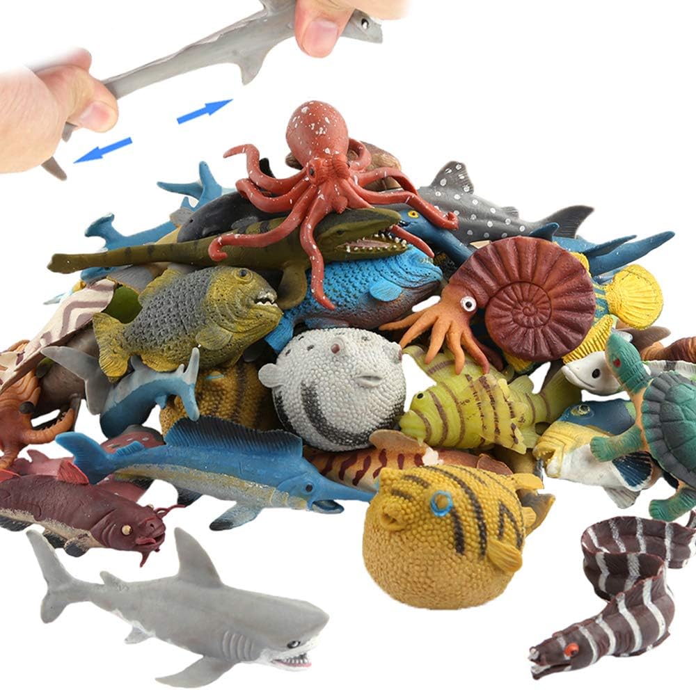 18 Pack Assorted Ocean Animal, Stretchy and Floating Rubber sea Animals Toy Set, Mini Realistic Under The Sea Life Figure for Toddler Bath Bathtub, Shark Octopus Fish Toys Bulk for Kid Party