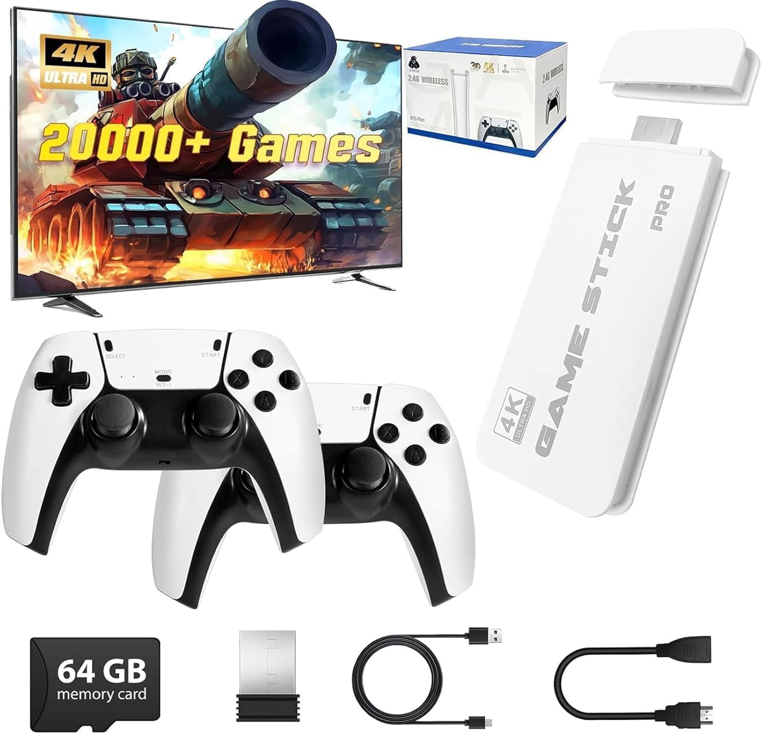 ASTEKID Wireless Retro Game Console - Game Stick Built-in 20,000+ Classic Video Games, 64G Card, Plug & Play for TV HDMI output, Multiple Classic Emulator, Dual 2.4G Wireless Controller