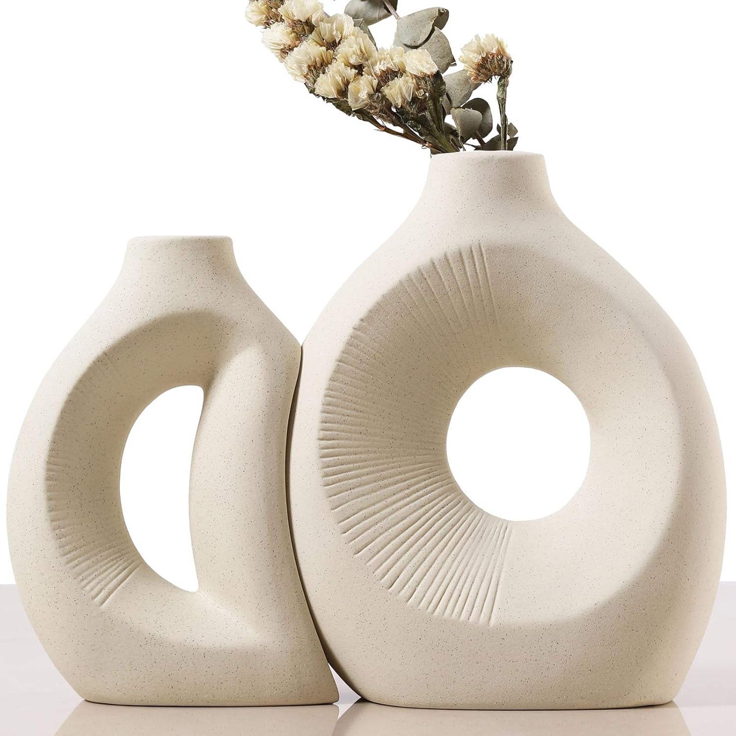 Ceramic Vase Set of 2, Decorative Flower Vases for Home Office Living Room Kitchen and Bedroom Modern Farmhouse Rustic and Boho Aesthetic Decor for Shelf and Table Centerpieces
