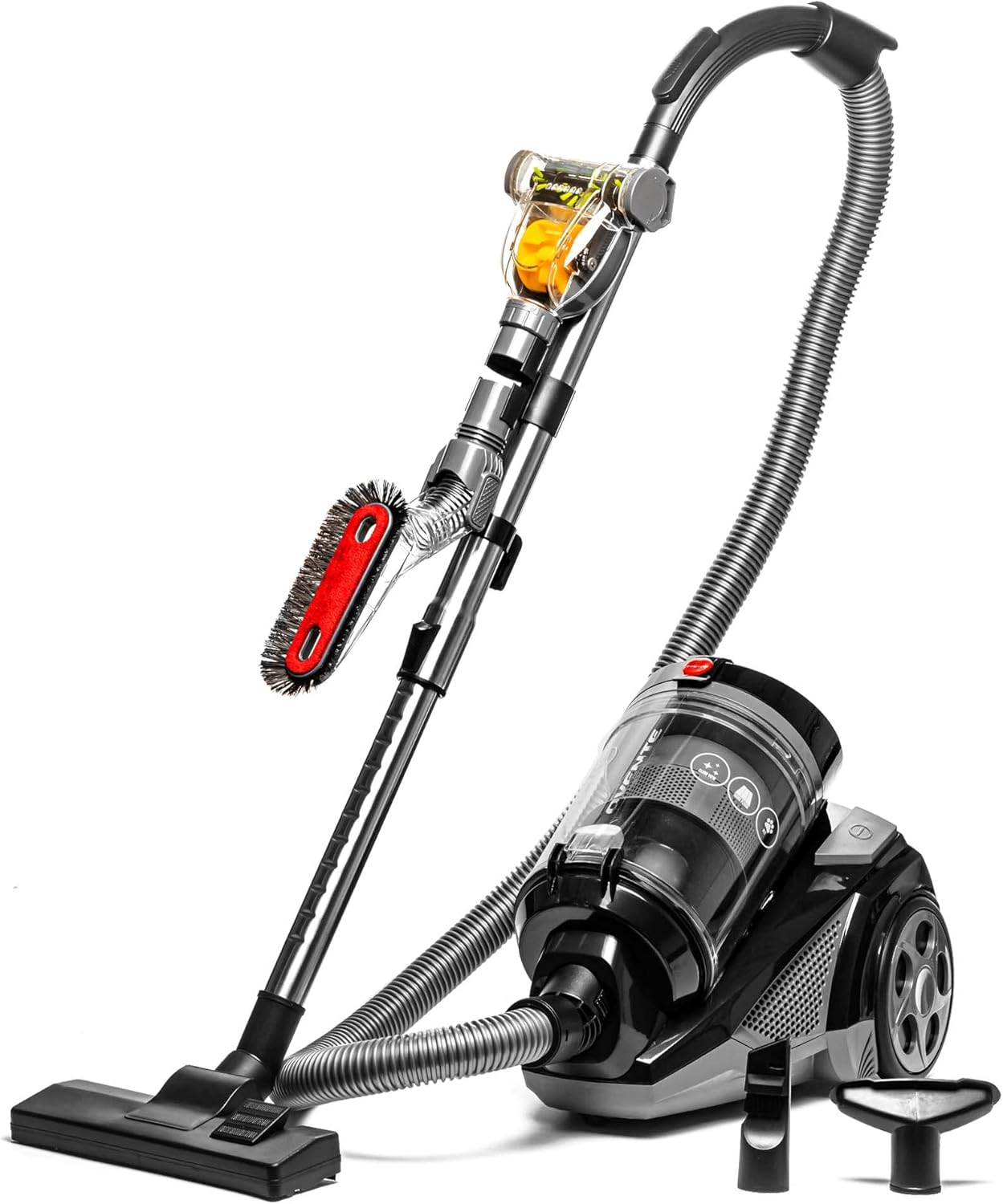 OVENTE Bagless Canister Vacuum Cleaner with 3L Dust Cup, Powerful Suction, Telescoping Wand, Retractable Cord and Accessories, 1400W Lightweight Cleaning Machine for Carpet & Hard Floor, Black ST2620B