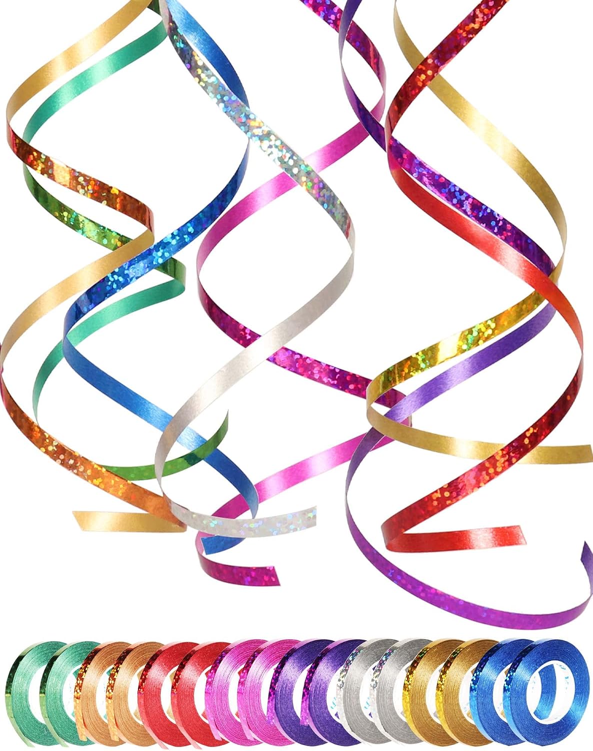 Shiny Curling Ribbon Set, 16 Rolls 5mm Metallic Multicolor Crimped Balloon String Gift Wrapping Bow Ribbon for Wedding Crafts Florist Flower Gift Wrapping Party Decor (10m/Roll)