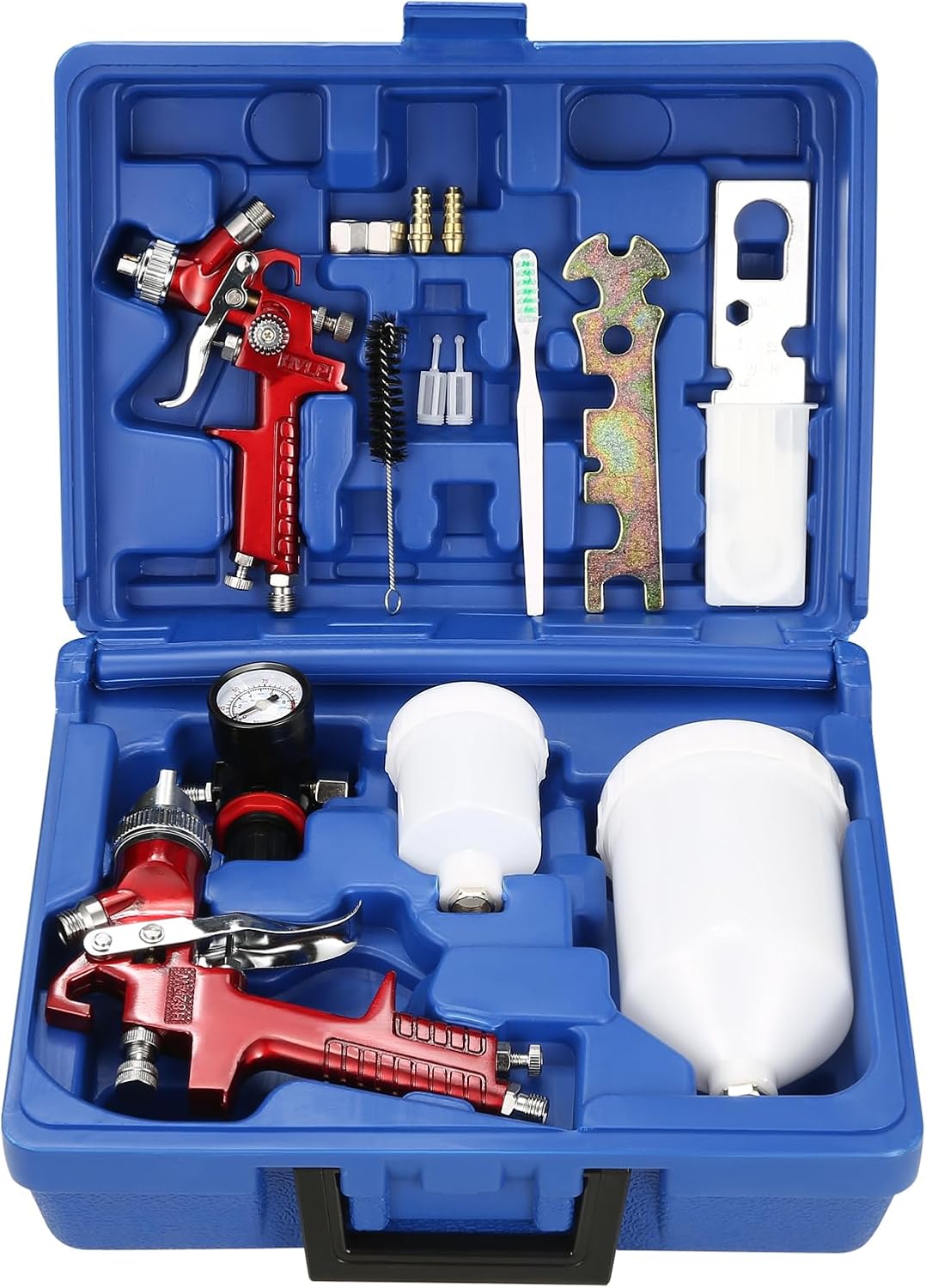 HVLP Air Gravity Spray Gun Set, 2Pcs Sprayer Paint Gun with 0.8mm 150ml&1.4mm 600ml Automotive Paint Gun with Locking Air Pressure Regulator Gauge Air Spray Gun for Furniture, Car, Fence,Model Making