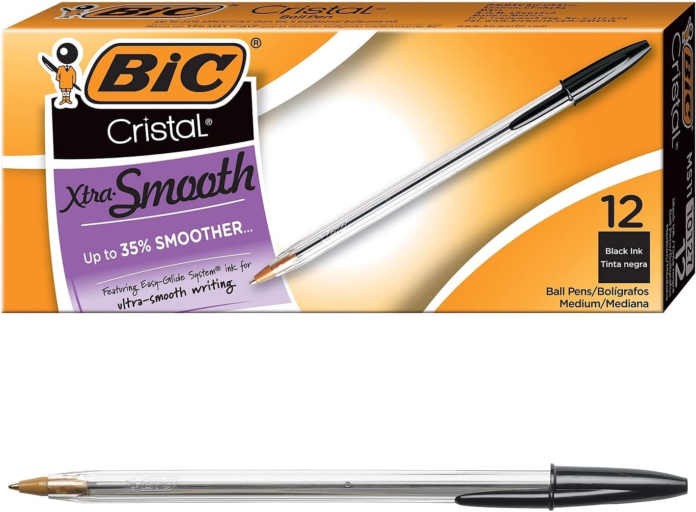 BIC Cristal Xtra Smooth Black Ballpoint Pens, Medium Point (1.0mm), 12-Count Pack, Extra Smooth and Reliable Ballpoint Pens