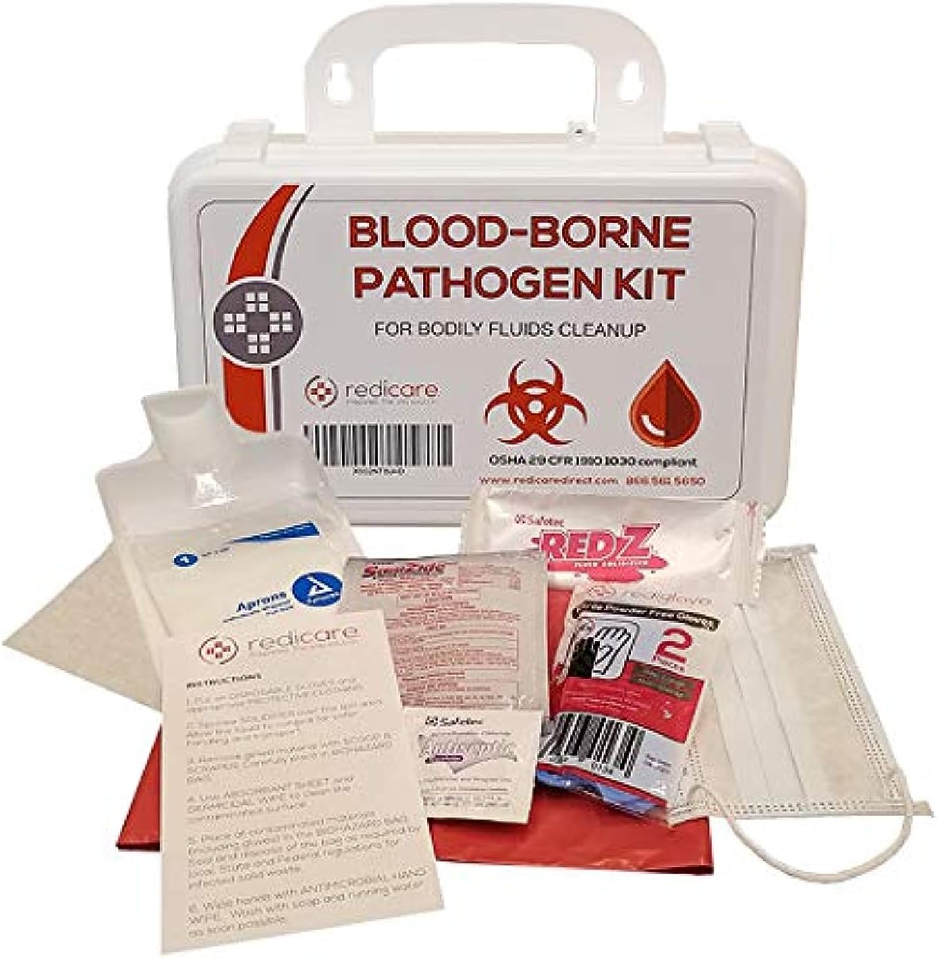 Bloodborne Pathogen/Body Fluids Cleanup Kit w/Fluid Solidifier, Biohazard Bag & Personal Protection Clothing - OSHA Requirement