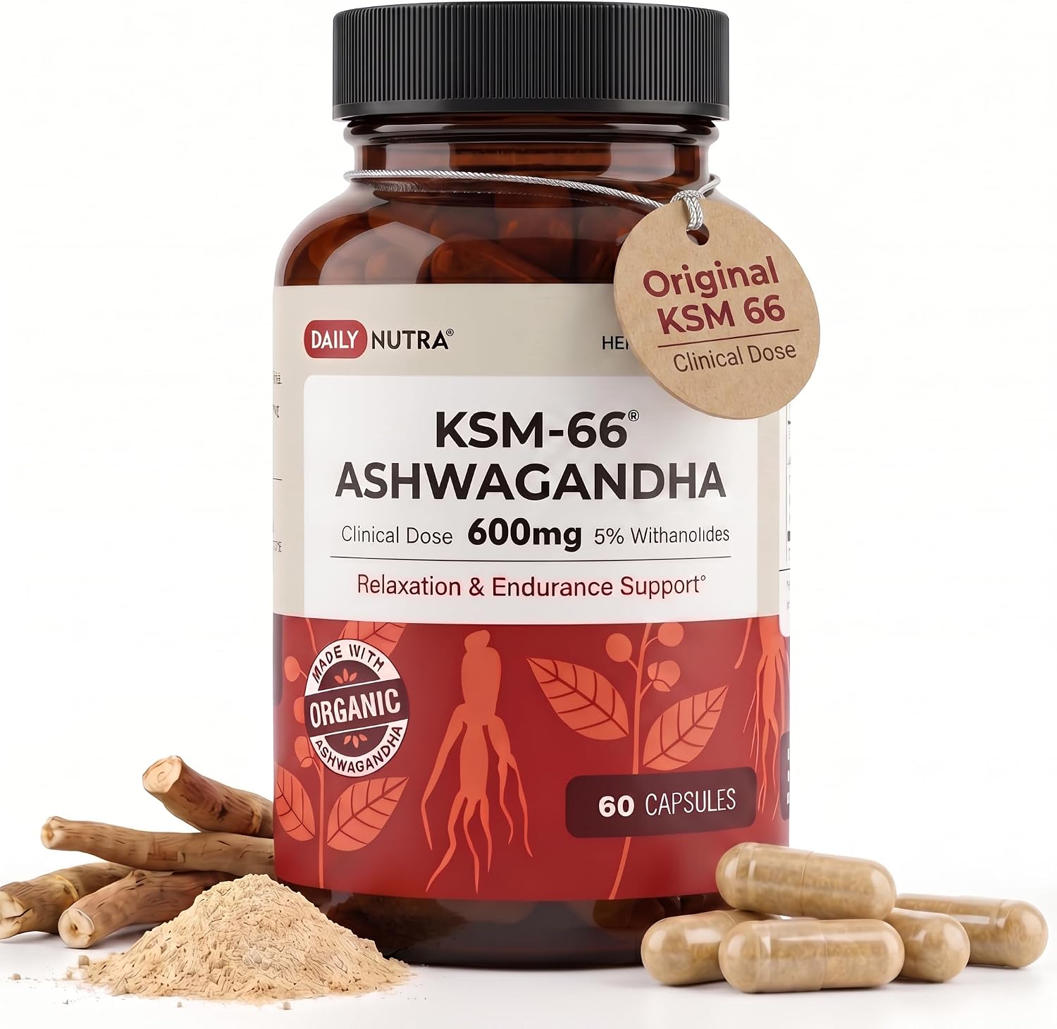 DailyNutra KSM-66 Ashwagandha 600mg Organic Root Extract - High Potency Supplement with 5% Withanolides | Relieves Tiredness, Supports Relaxation, Focus, Energy, & Muscle Growth (60 Capsules)