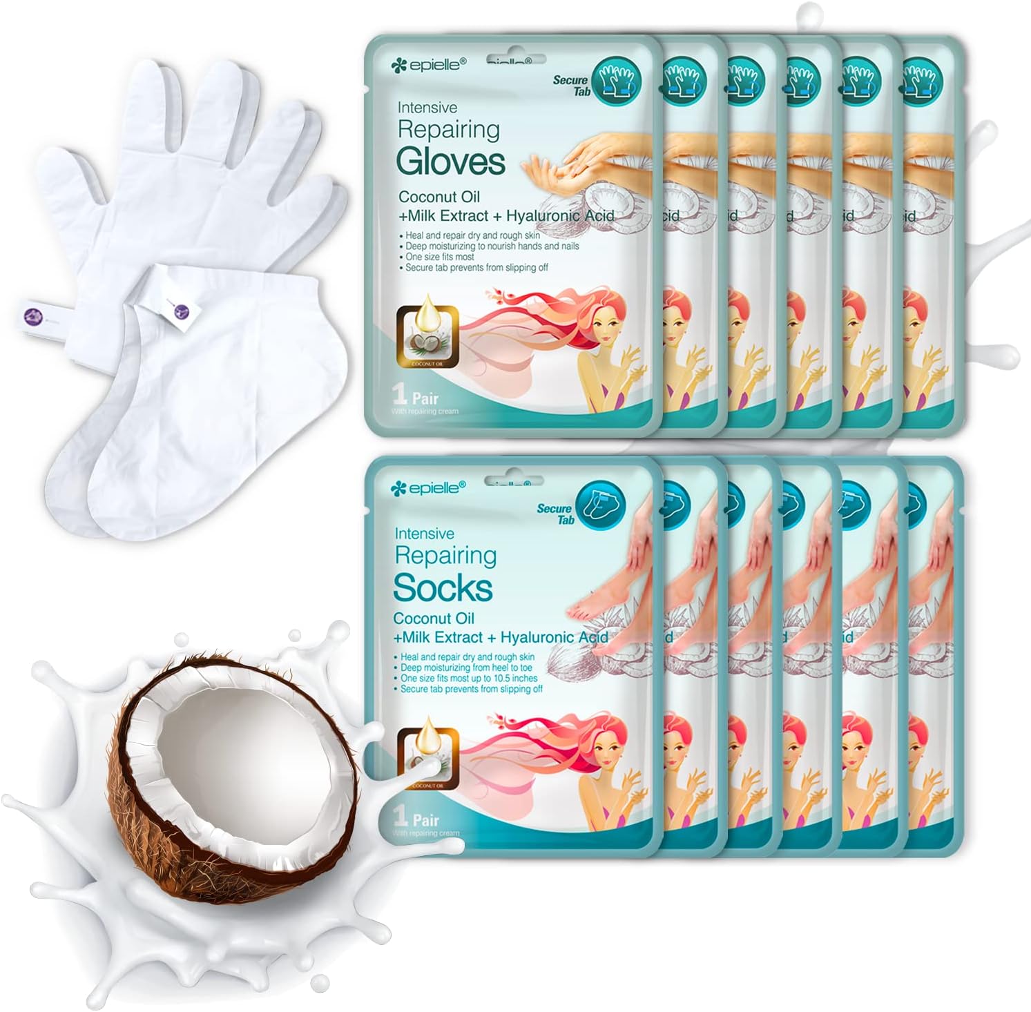 Epielle Intensive Repairing Hand & Foot Masks (6 Gloves & 6 Socks), Repair and Moisturize Dry Hands & Cracked Heels with Coconut Oil & Milk Extract, Korean Skin Care, Spa Self Care Gifts for Women
