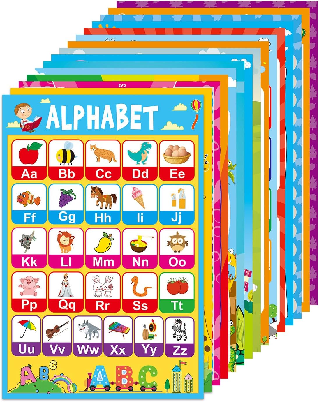 ADELULU 15 Educational Posters for Toddlers Kids Learning Alphabet Numbers Shapes Colors and More (15 Pack)