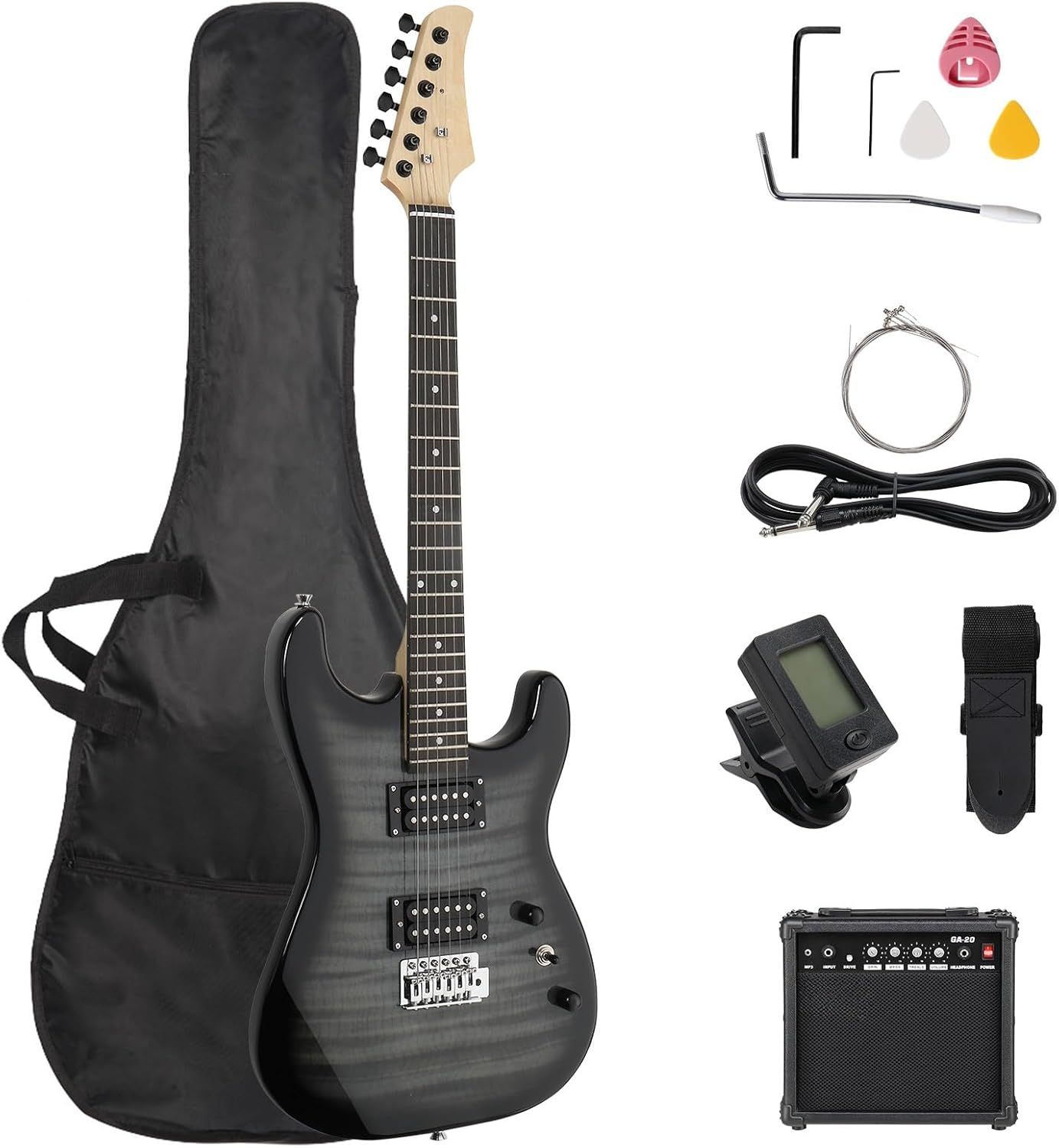 LALAHO Solid Body Electric Guitar, 39 Inch H-H Pickups Electric Guitar Kit with 20W Guitar Amplifier, Bag, Tuner for Beginners & Professionals, Black