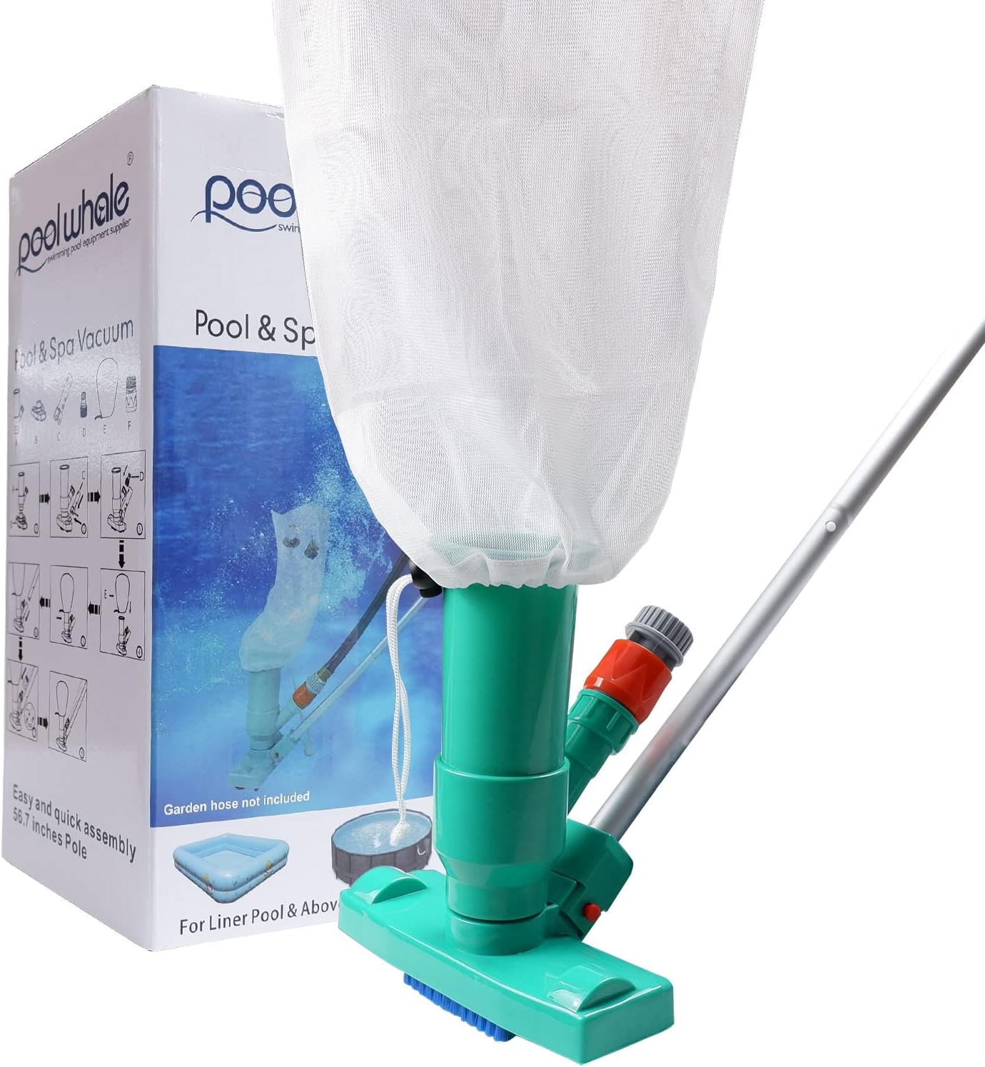 POOLWHALE Upgrades Pool Spa Pond Mini Jet Vac Vacuum Cleaner w/Brush, Bag,5 Sections Telescopic Pole of 48" and Handle