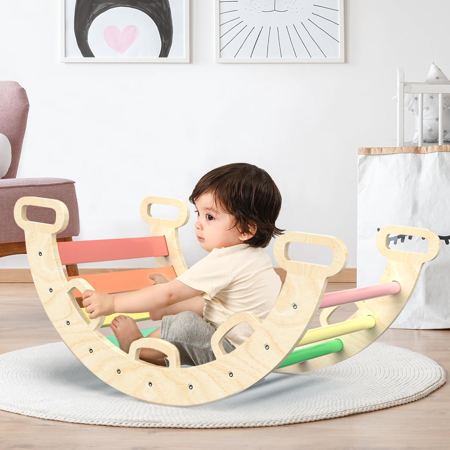 BlueWood Wooden Ladder Arch for Climbing Toddlers Waldorf Children Indoor Gym Learning Playset Playground Kids - Rainbow