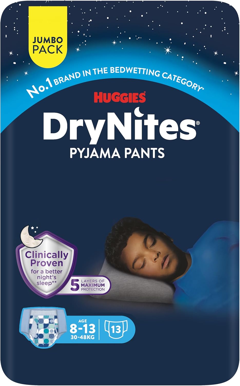 Huggies DryNites, Boys’ Pyjama Pants, Sizes 8-13 Years (52 Pants) - Discrete Night Time Pants - Maximum Protection to Manage Child and Teen Bed Wetting