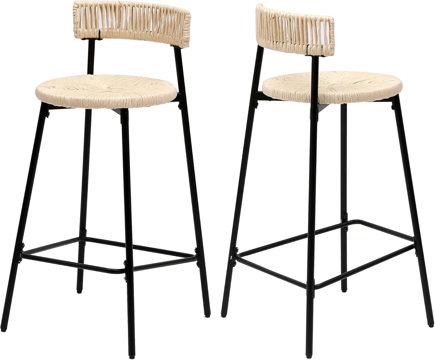 INMOZATA 2-Piece Farmhouse Bar Stool Set with Backrest & Footrest - Handwoven Paper Rope Counter Height Bar Chairs for Kitchen, Dining, Cafe, Breakfast Nook(Creamy)
