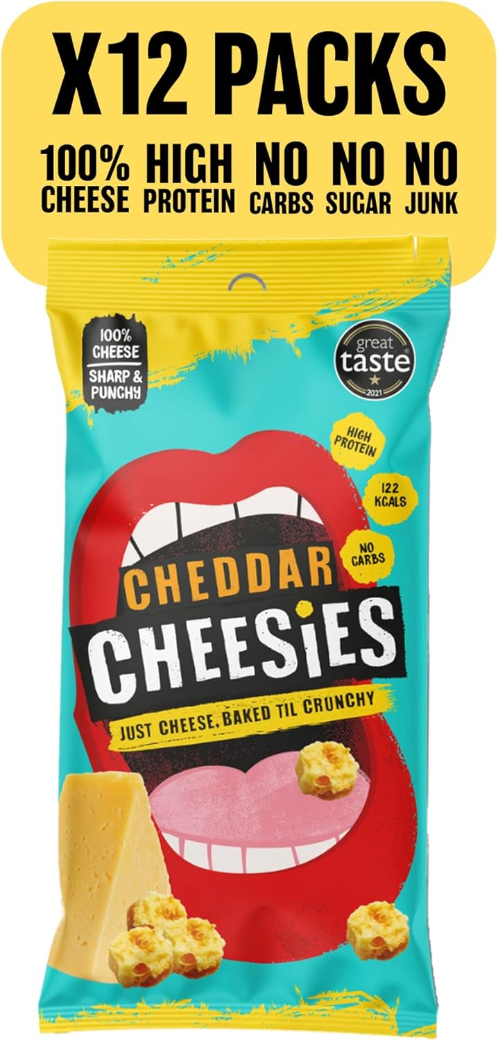 CHEESIES | Crunchy Snacking Cheese Keto Snack | Cheddar | 100% Cheese | Sugar Free, Gluten Free, No Carb | High Protein and Vegetarian | Crunchy, Baked and Tasty | Multipack | 12 x 20g Bags