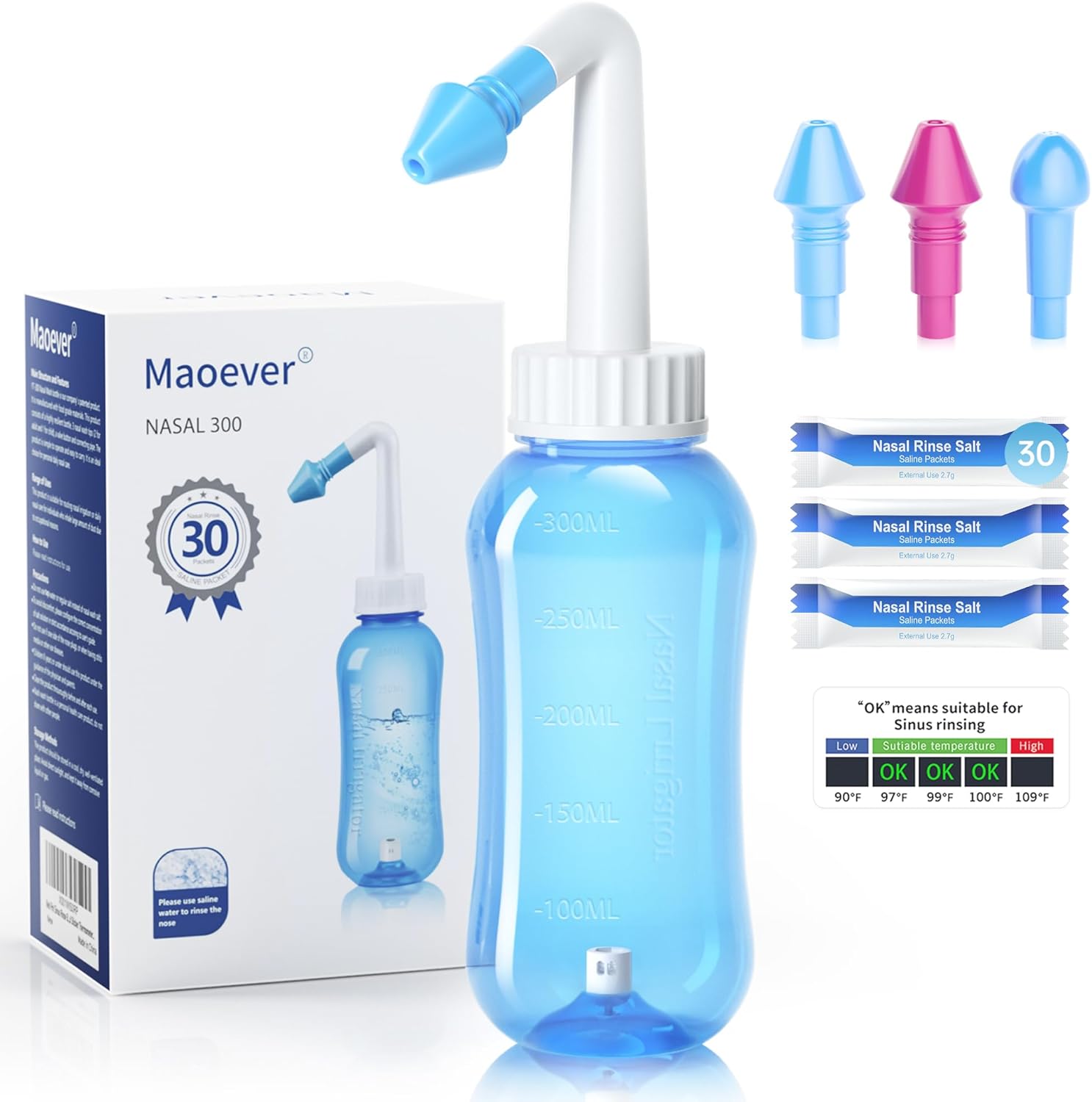 Neti Pot Sinus Rinse Bottle Nose Wash Cleaner Pressure Rinse Nasal Irrigation for Adult & Kid BPA Free 300 ML with Nasal Wash Salt Packets and Sticker Thermometer(Cyan Blue)
