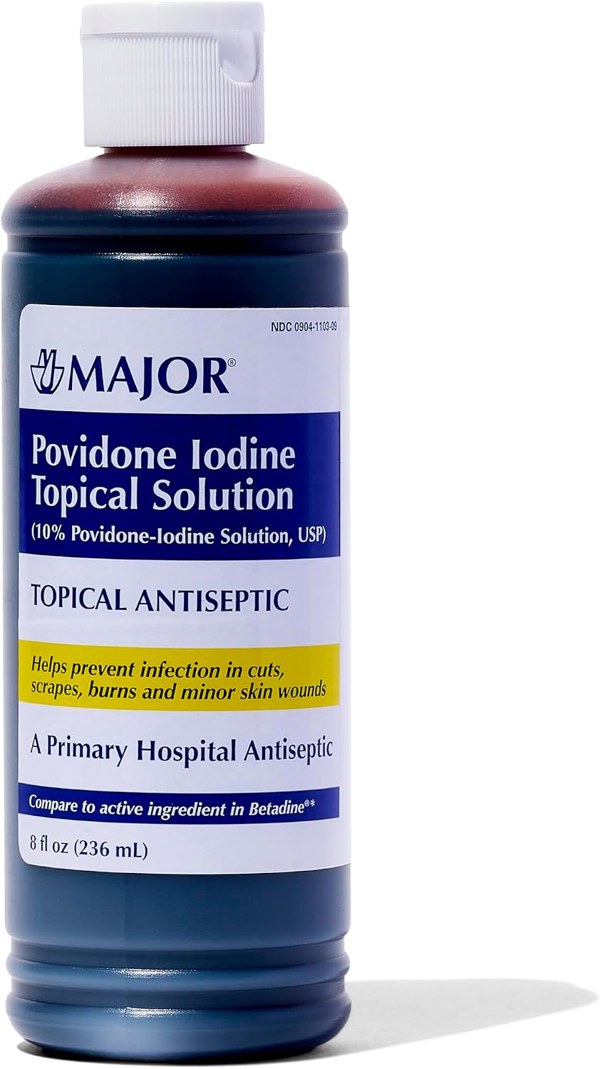Major 10% Povidone-Iodine Liquid Topical Solution, USP - Topical Antiseptic for Cuts, Scrapes, Burns, and Minor Skin Wounds - 8 Fl. Oz.
