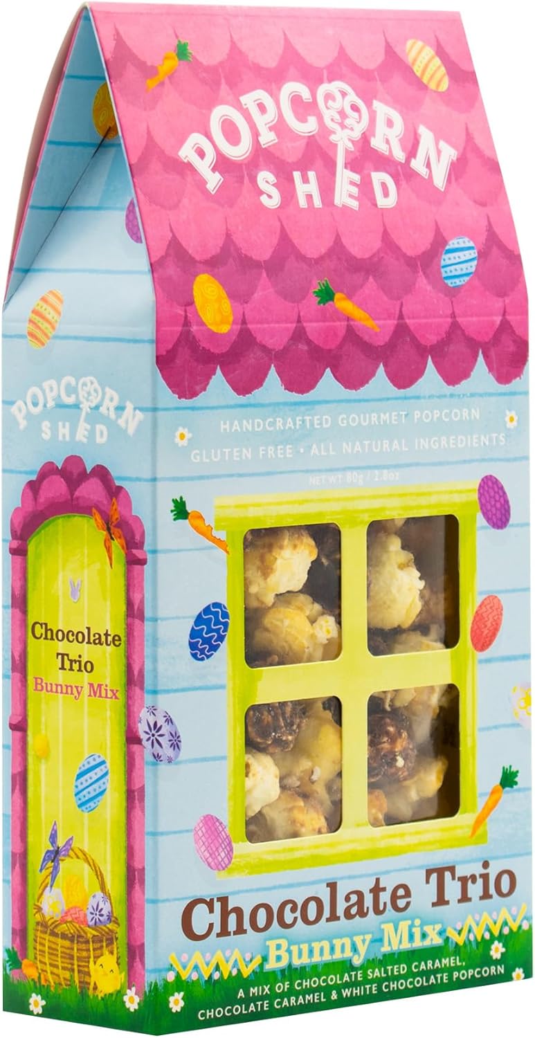 Popcorn Shed Chocolate Trio Gourmet Popcorn, 80g Gift Box, Alternative Easter Snack, Triple Chocolate Popcorn, Easter Bunny Design, Vegetarian, Gluten Free