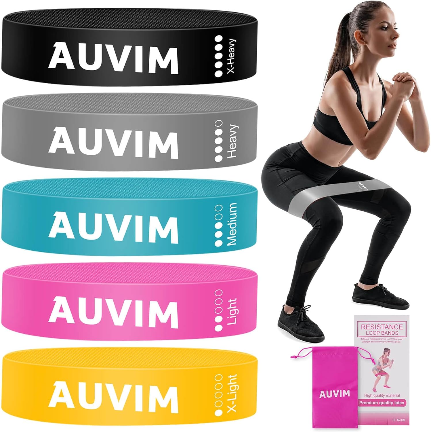AUVIM Fitness Bands [Set of 5] Non-slip Resistance Bands Loop Exercise Bands for Women & Men 5 Levels Bands for Home Fitness, Stretching, Strength Training, Physical Therapy, Yoga