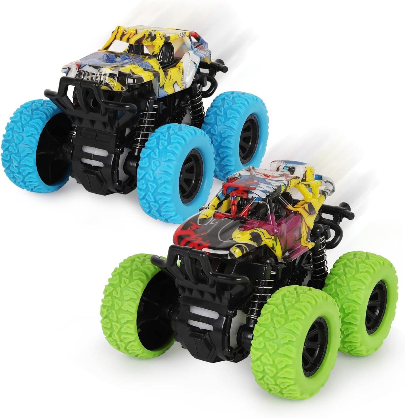 Shayson 2 Pack Monster Truck Toys Friction Powered Cars Pull Back Trucks,Inertia Vehicle Playsets with Shockproof Spring and Rubber Wheel,Toy Cars for Kids