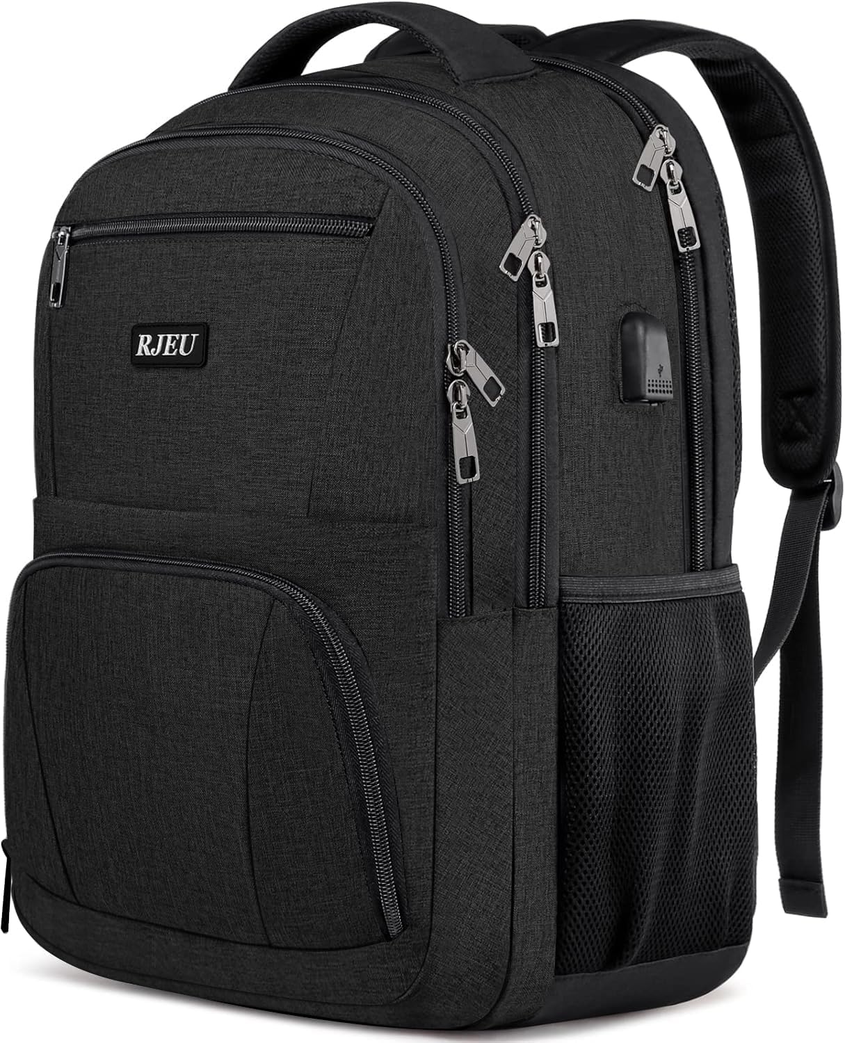 RJEU School Bag Boys, Water Resistant Anti-Theft Laptop Backpack with USB Charging Port - Durable 15.6 Inch Backpack for Men, Women, Business & College, Black