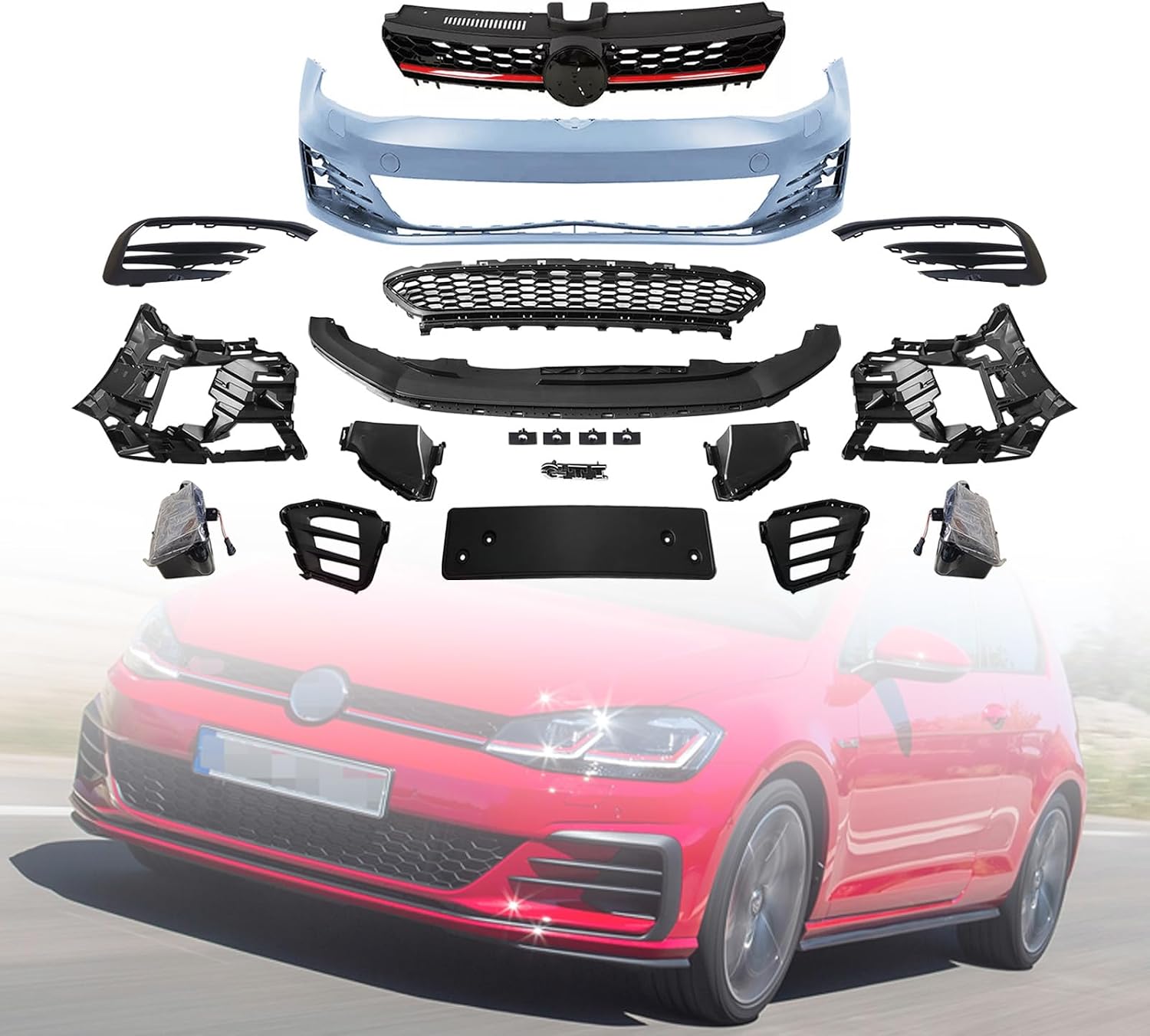 GTI Style Front Bumper Cover Kit Compatible with 2017 2018 2019 2020 Volkswagen VW Golf MK7.5 W/Upper Grill Lower Grill - Full Body Set