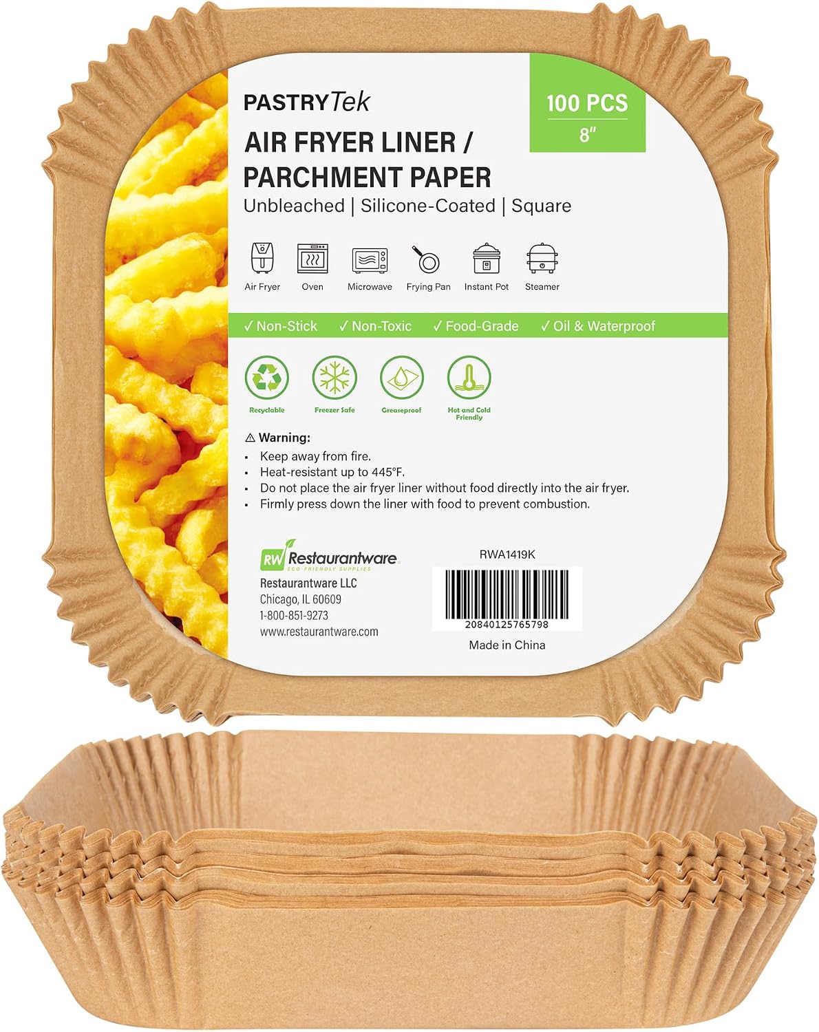Restaurantware-Pastry Tek 8.1 x 8.1 x 1.8 Inch Air Fryer Liners, 100 Square Air Fryer Baskets - No-Stick Silicone Coating, Unbleached, Food-Grade Paper Liners, For Steamer, Microwave, Oven, Fry Pan
