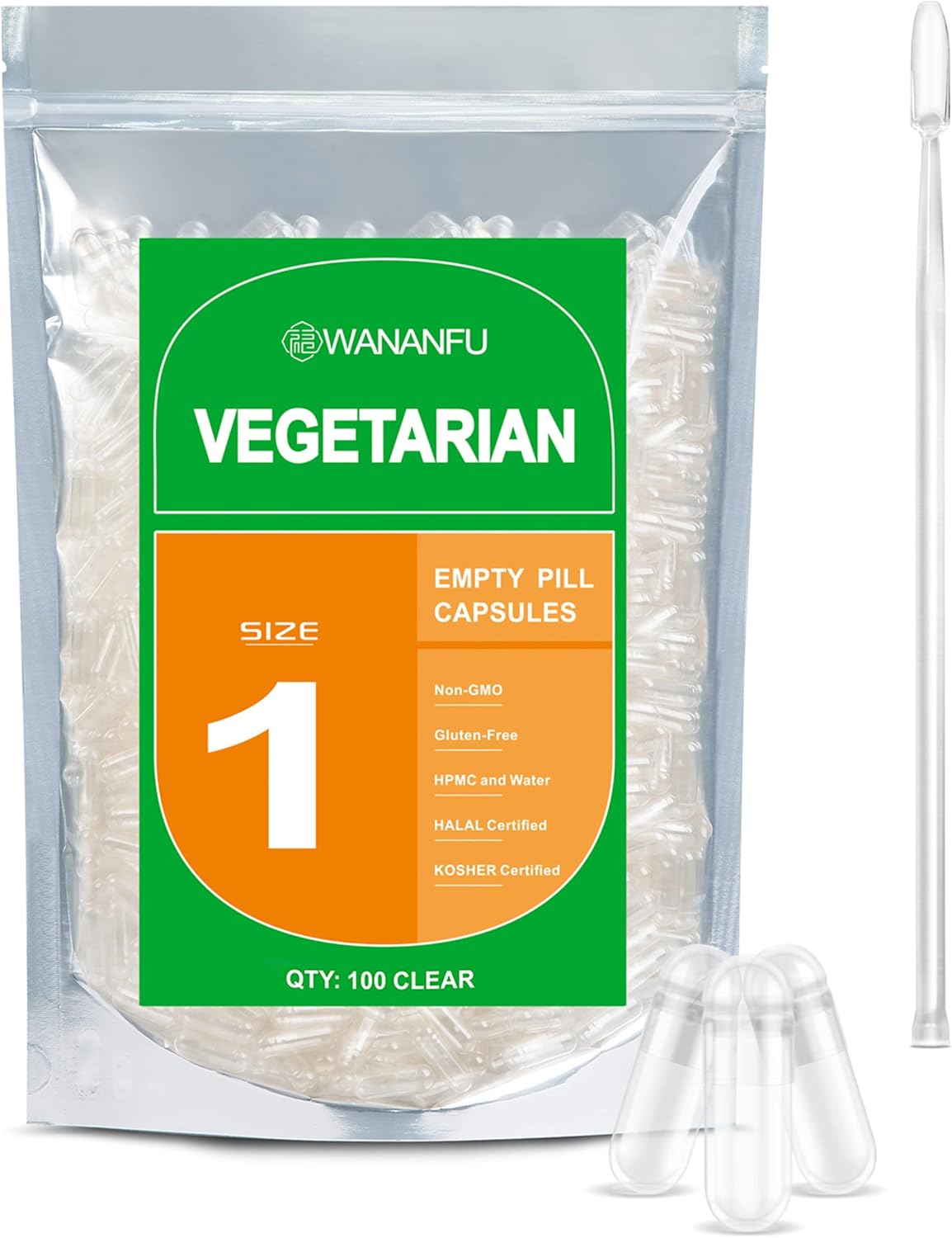 WANANFU Size 1 Empty Capsules Vegetarian (100 Count) Bundle with Micro Lab Spoon with Powder Tamper, Compatible with Capsule Filling Machine