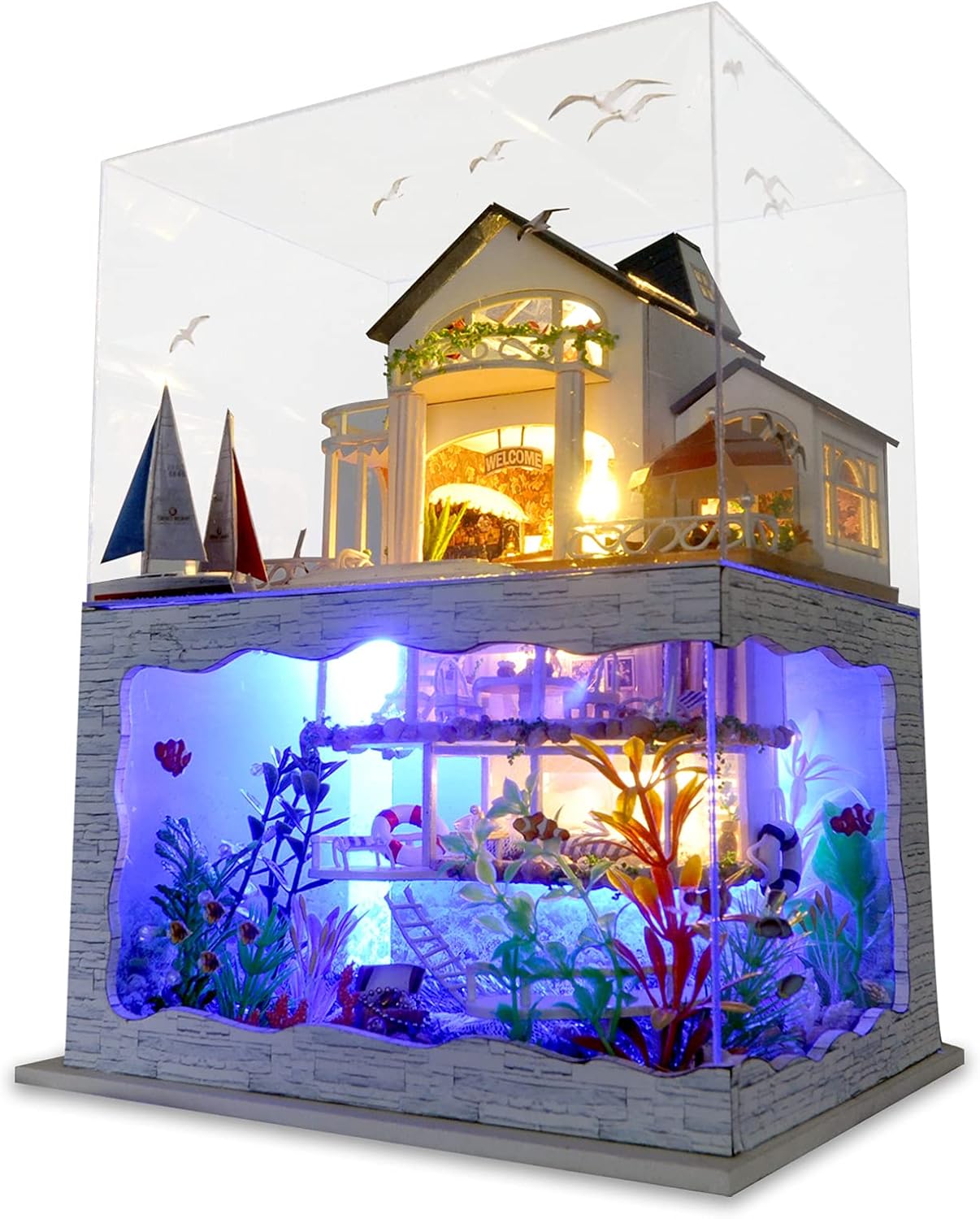 Cuteefun Miniature DIY Dolls House Kit, Wooden Doll house Kit with Furniture and Dust Cover, Handmade Crafts for Adults, 1:24 for Birthday, Valentine's Day Father's Day(Hawaii Villa)