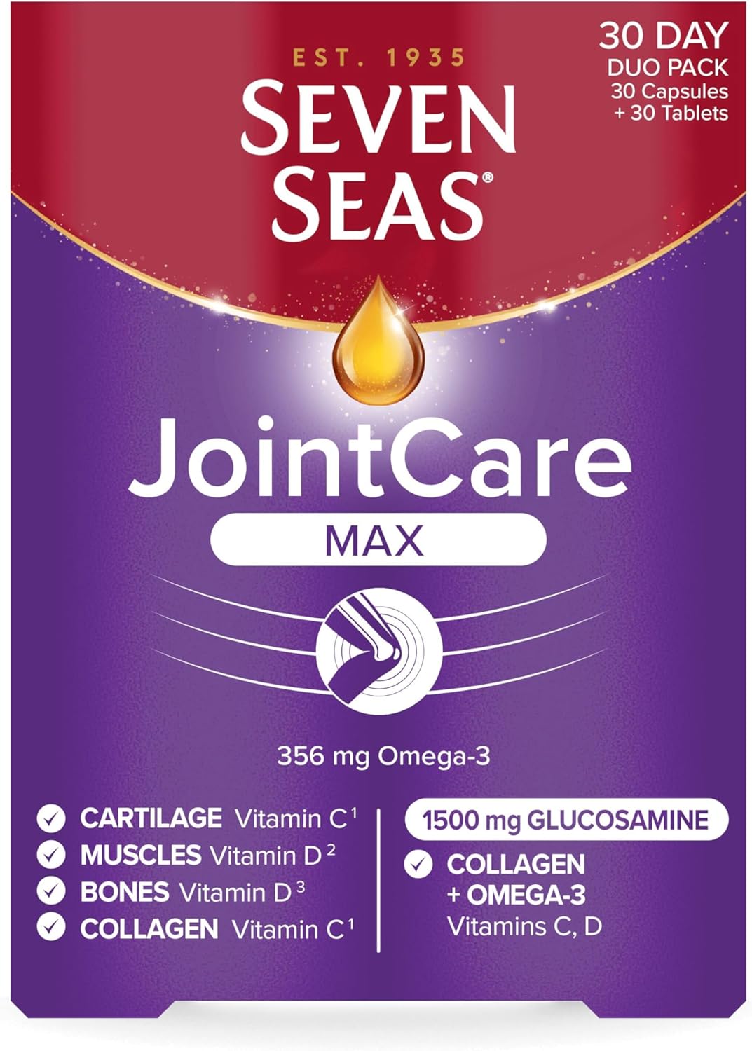 Seven Seas JointCare Max with Glucosamine, Omega-3, Collagen, Vitamin C and D Supplements for Joints Capsules, 1 month supply, Multicoloured, 60 Count